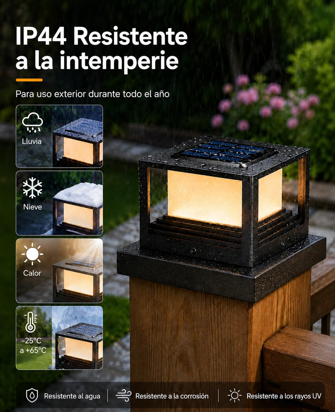 Farola Solar Exterior, 2 Piezas Luces Exterior Sobremuro, Luz Solar para Postes de Valla 8x8 9x9 10x10cm, IP65 Impermeable, 2 Modos, para Jardín Valla Terraza Postes de Madera