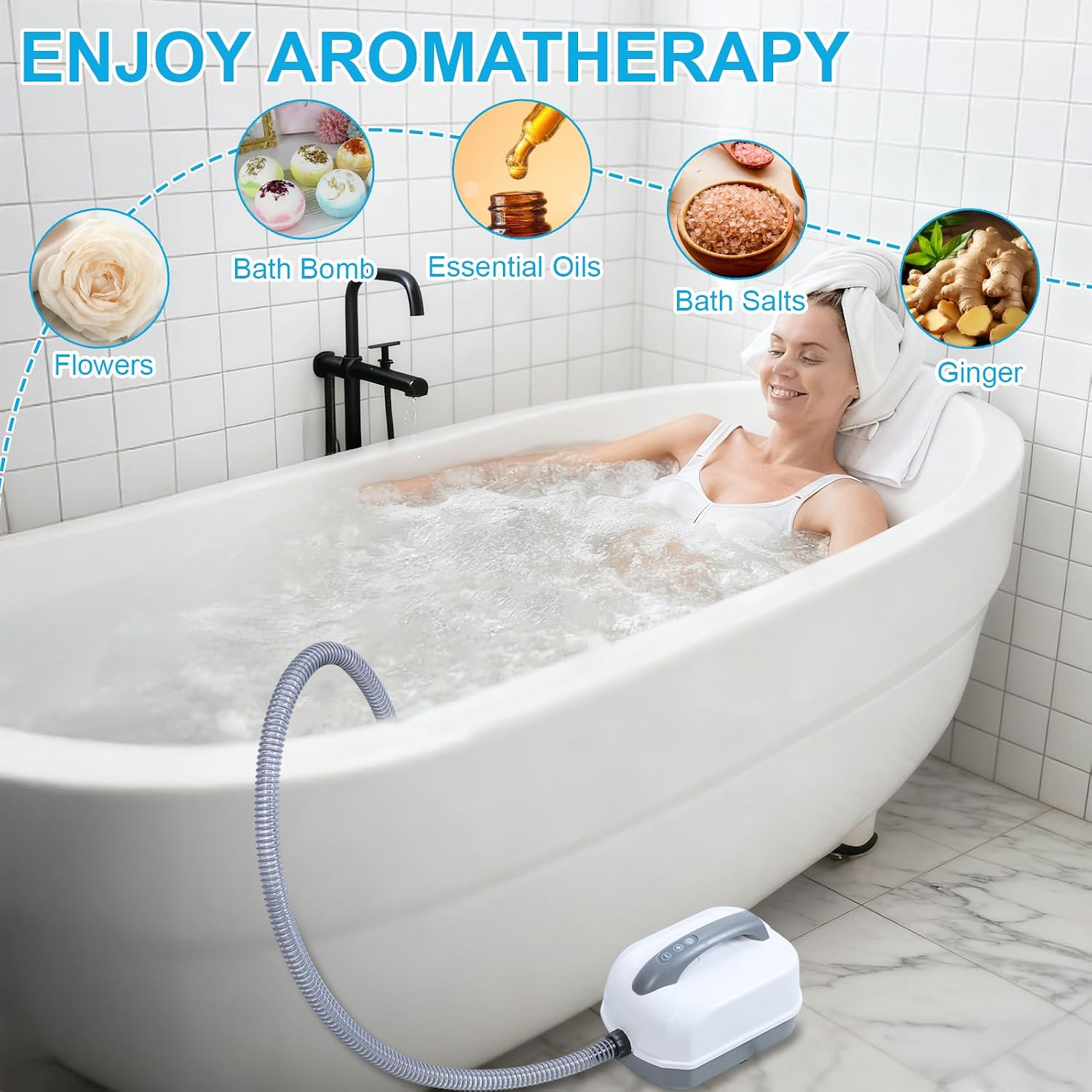 Full Body Waterproof Spa Mat, 6-Speed Bubbles, Bubble Bath Mat Tub Spa Massager for Bathtub Portable Spa Bubble Bath Massager with Air Pump, Pillow, Remote Control and Non-Slip Suction Cups (White)