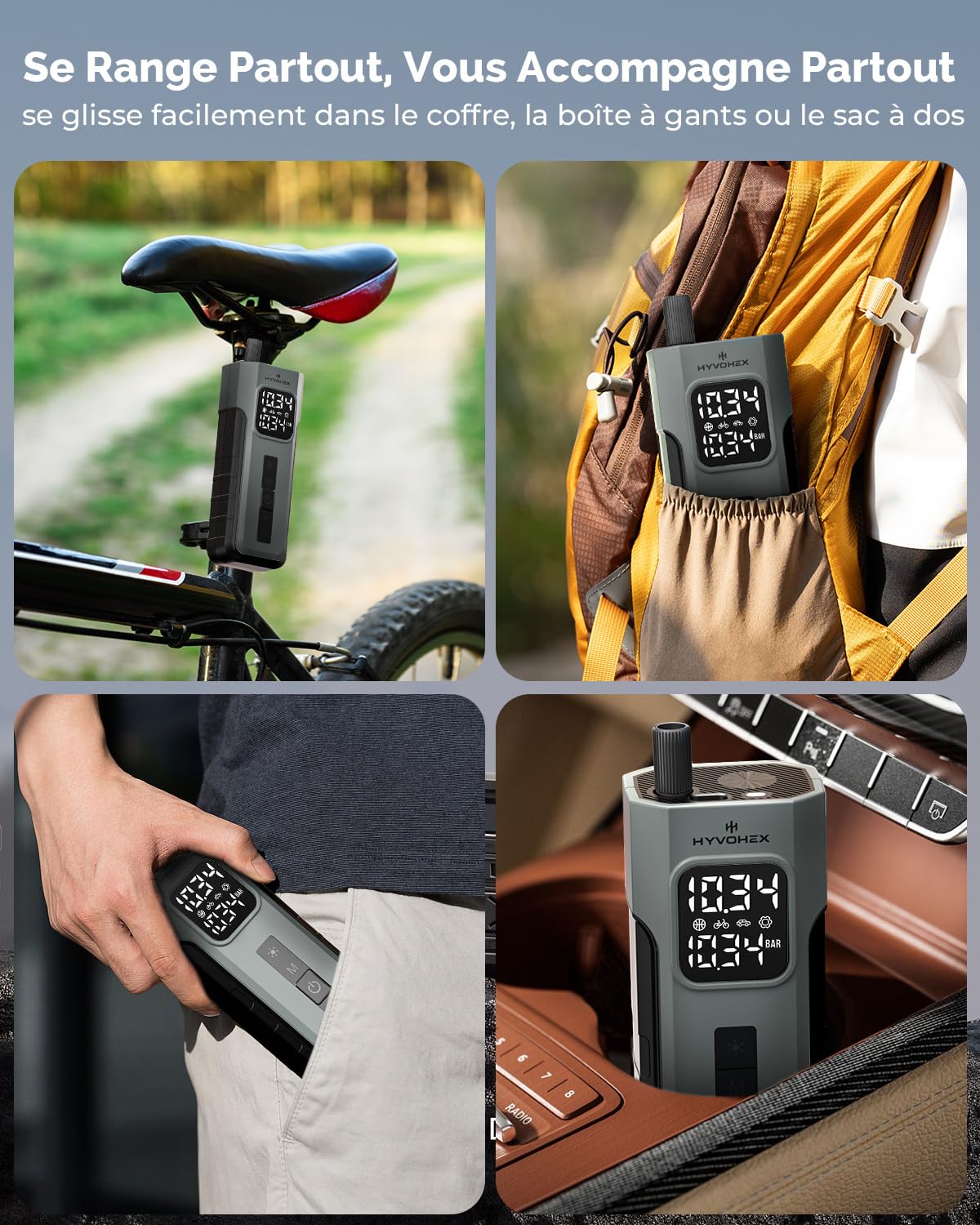 HYVOHEX Gonfleur 4000mAh Pneus Voiture Compresseur à Air Portatif 10,34Bar | Arrêt Automatique - Manomètre Numérique Lampe LED - Charge Pratique - pour Voiture, Moto, Vélo, Ballon