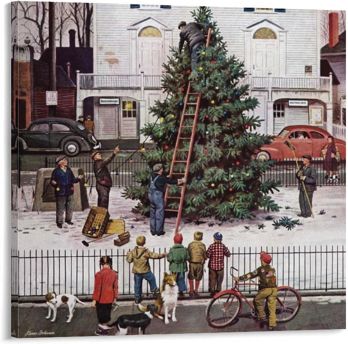 Norman Rockwell Tree in Town Square Prints Christmas Wall Art Poster Posters Art Print Wall Photo Paint Poster Hanging Picture Frame Family Bedroom Decor Gift 12x12inch(30x30cm)