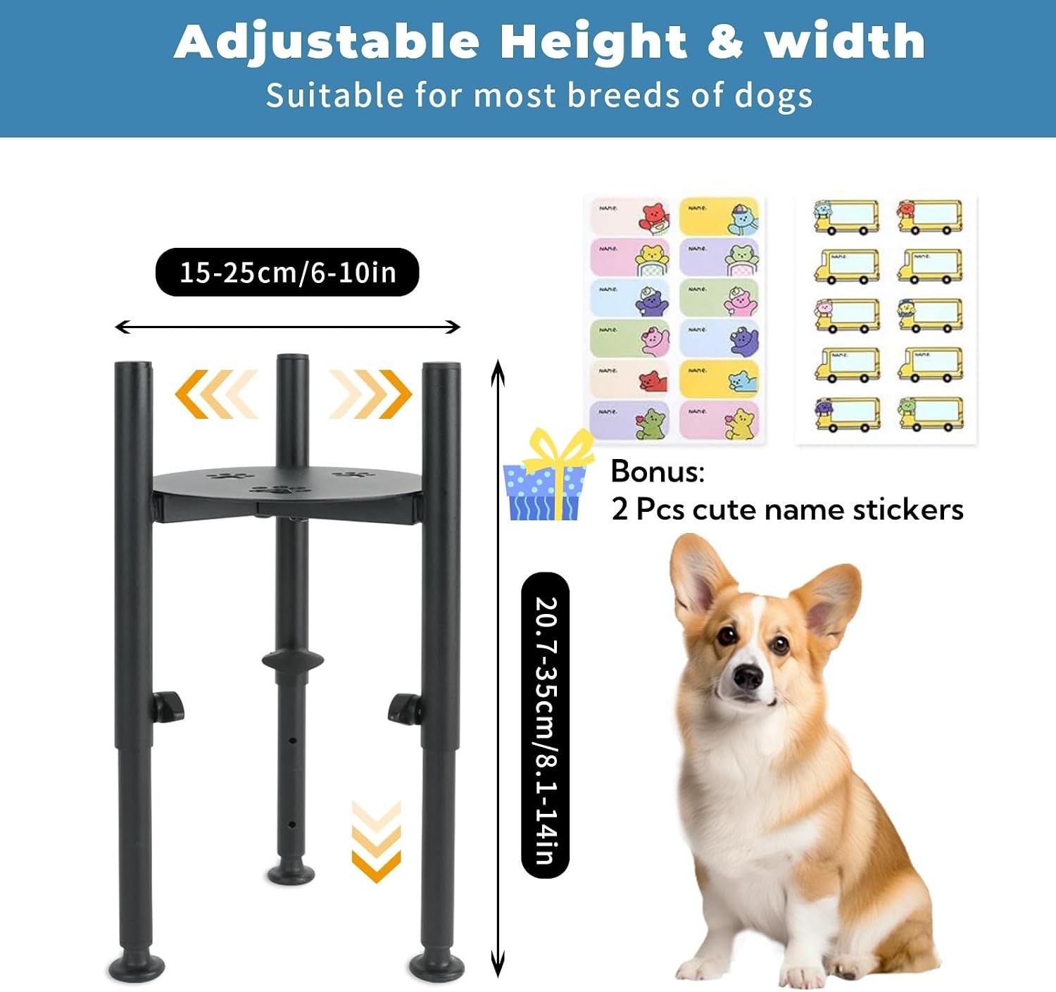 Elevated Dog Bowl Stand, 4 Height Adjustable Raised Dog Bowls Stand Wide 6-10in, Dogs Food Water Feeder Metal Pet Feeding Holder for Medium Large Breeds