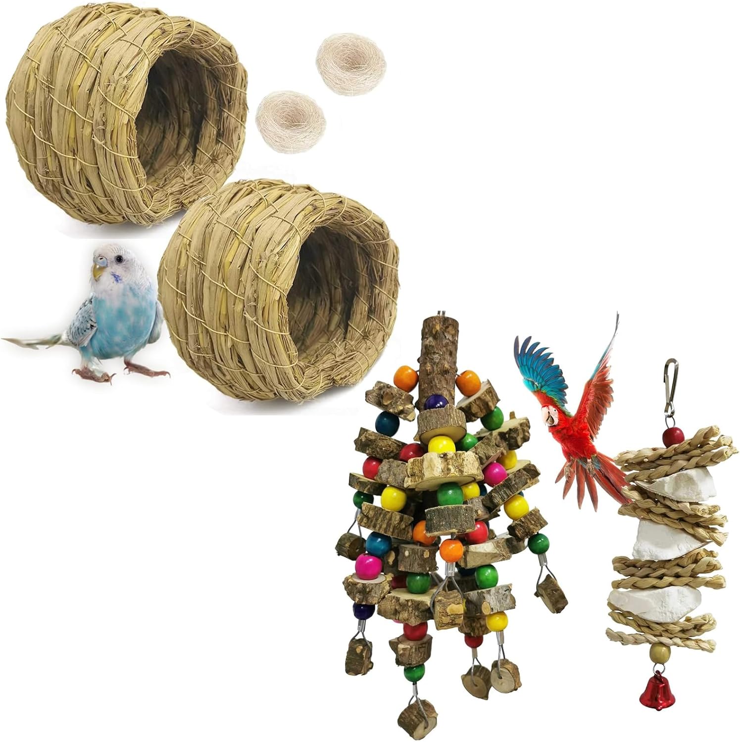 kathson Straw Bird Nest and Natural Parrot Chewing Toys for Small Finch Canary Lovebird Parrots Cockatoos African Grey Cockatiels