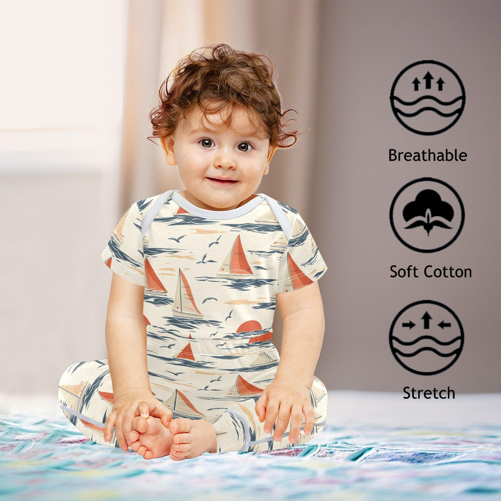 vvfelixl Baby Clothes Sailboat Sailing at Sunseton Baby Bodysuits Set Unisex Short Sleeve Babys Pants Sets 0-3M
