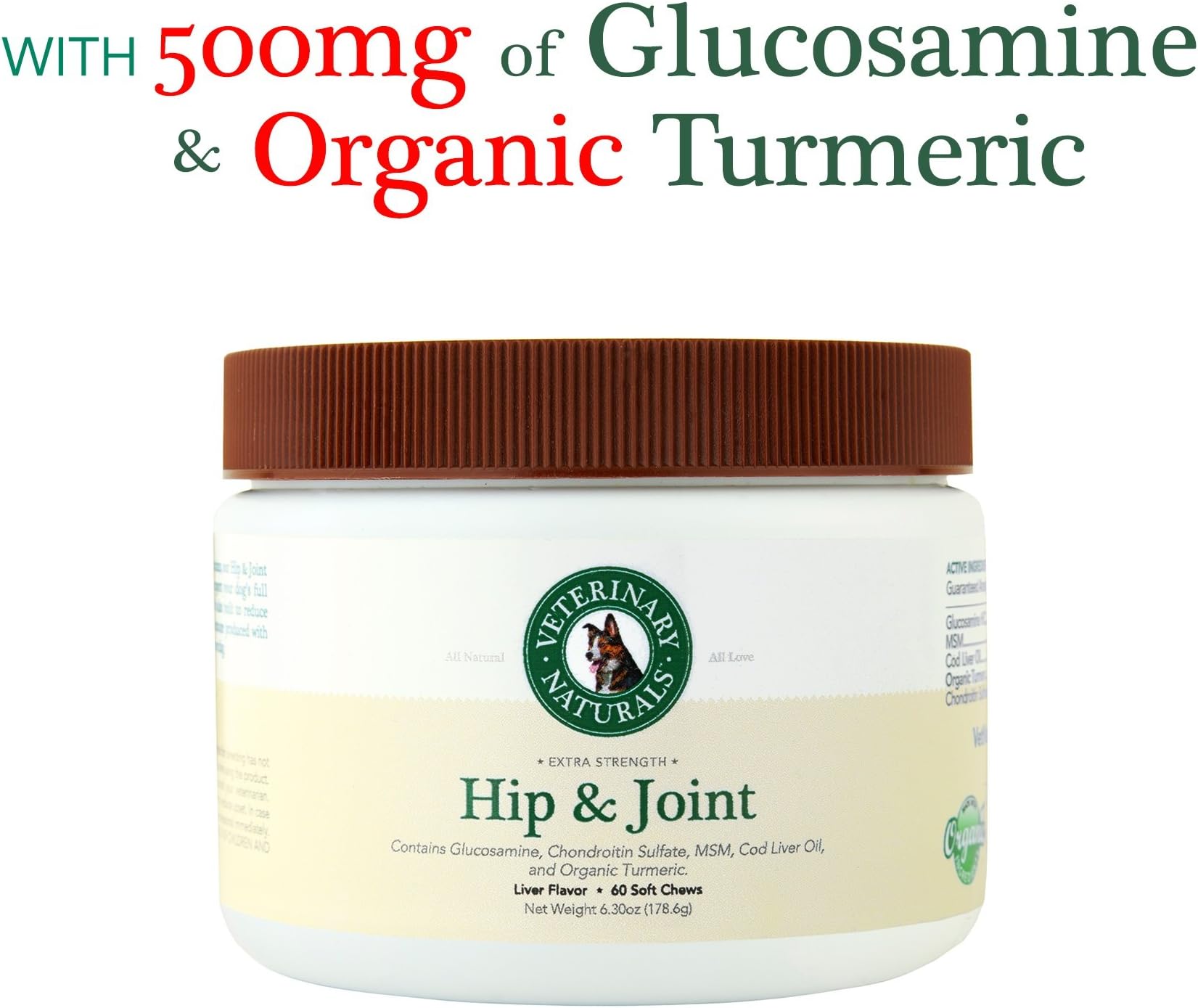 Veterinary Naturals Dog Hip and Joint Supplements - Soft Chews with Glucosamine, Chondroitin for Dogs – Dog Joint Pain Relief - Anti-Inflammatory Dog Arthritis Supplement, 60 Chews, Liver Flavor