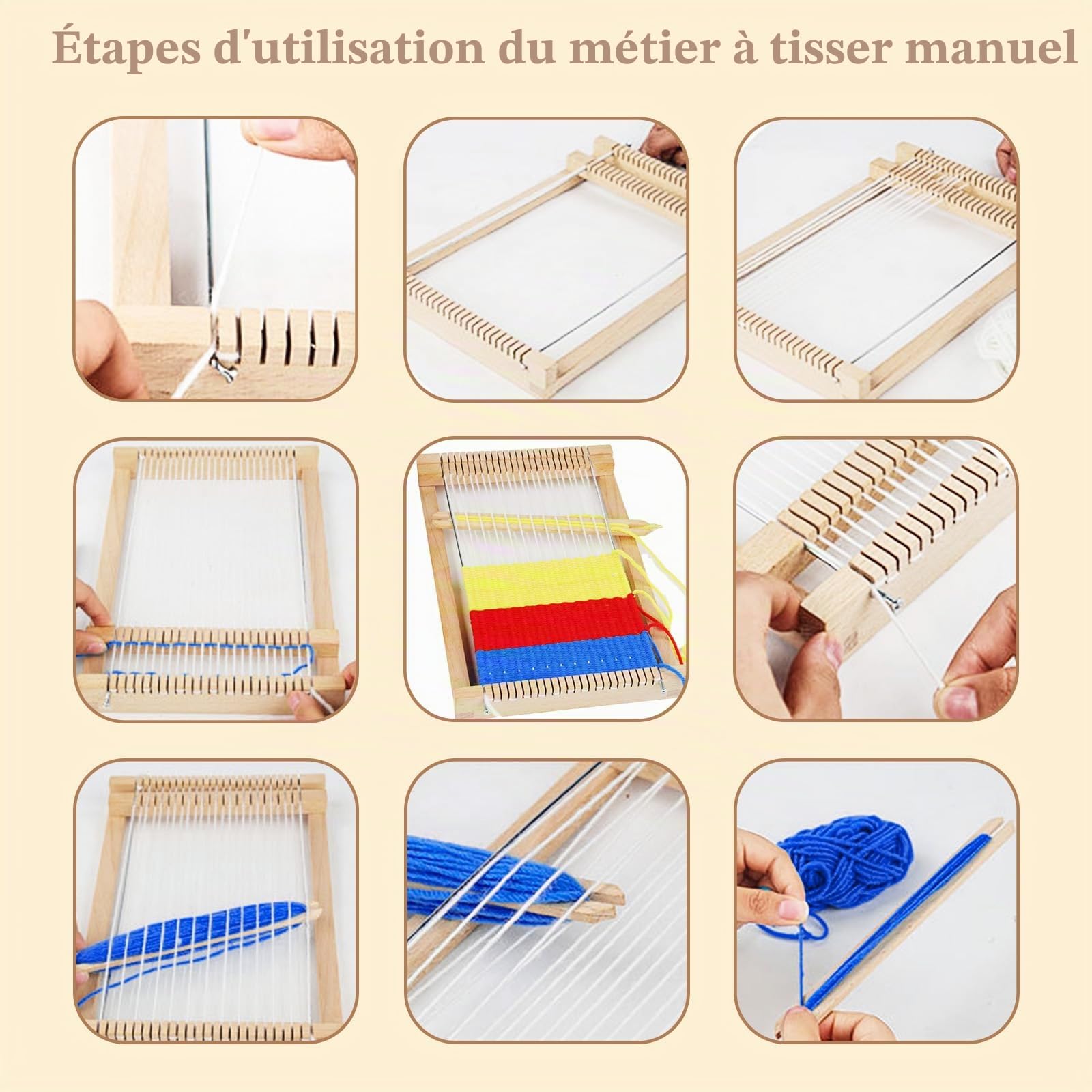 INNAL Kit de Métier à Tisser Enfant 29x19x3cm Cadre à Tisser en Bois Jouet Tissage en Bois avec Laine Multicolore Ciseaux Navette pour Débutants et Enfants Activité Manuelle Créative