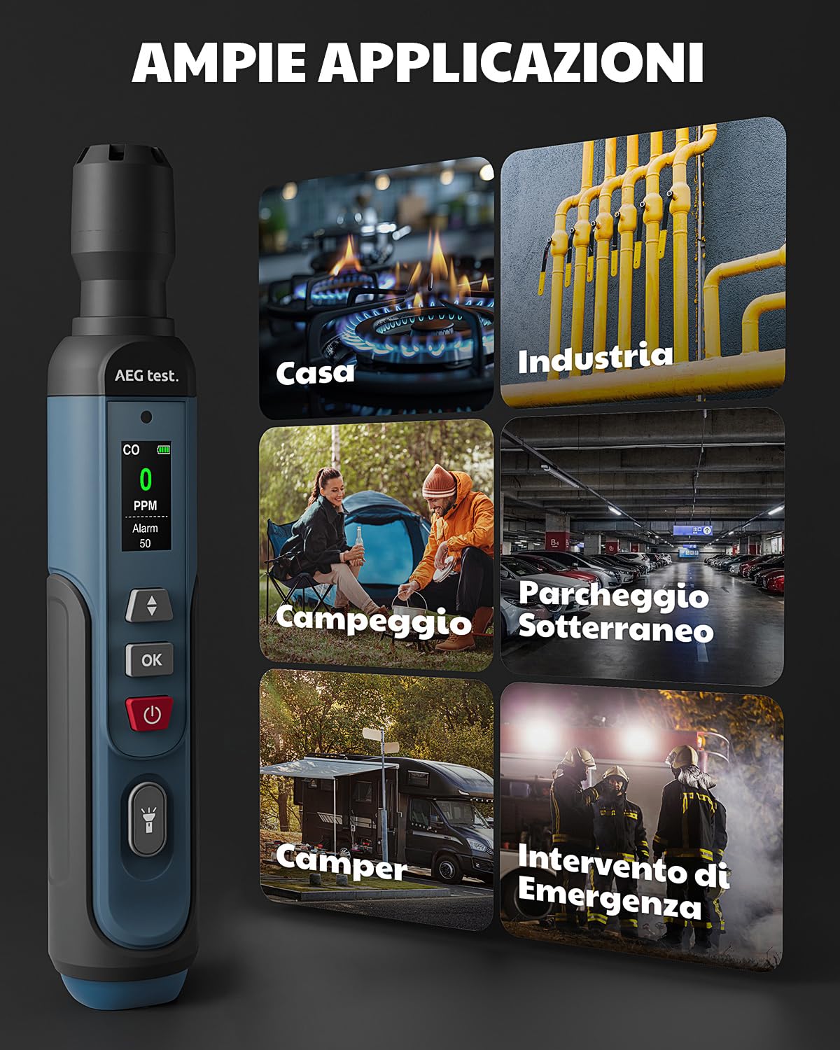 AGT-2459 Rivelatore portatile di monossido di carbonio, CO ricaricabile 0~1000PPM con allarme acustico/visivo, schermo TFT a colori per casa, viaggio, industria e usi mobili – Blu