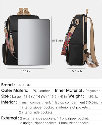 Miniatura 2 de FADEON Mochila de cuero para computadora portátil para mujer, diseño de 15.6 pulgadas, bolsa de computadora portátil, mochila de trabajo para