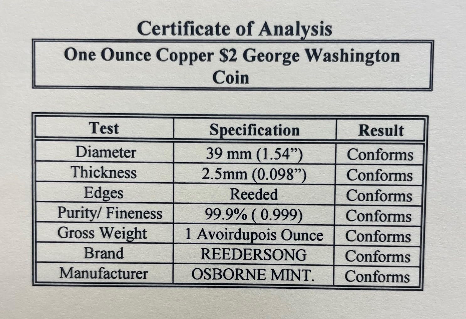 George Washington $2 Bank Note, one Ounce Copper Round with C.O.A. by REEDERSONG