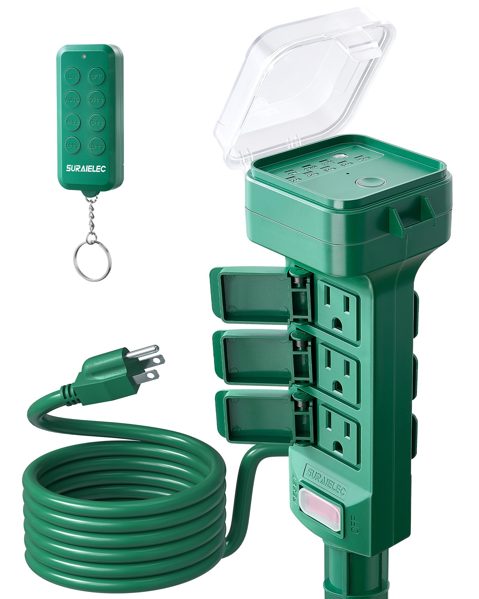 SURAIELEC Outdoor Power Stake Timer Waterproof, 100FT Wireless Remote Control, Dusk to Dawn Timer, 6 Grounded Plug Outlets, 6FT Extension Cord, for Christmas Lights, Garden, Patio Lights