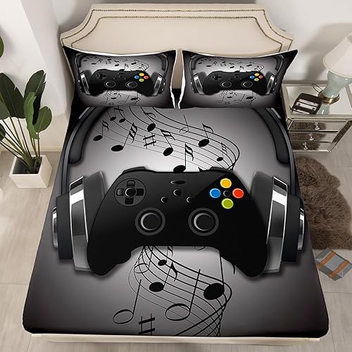 Miniatura 4 de Juego de sábanas para gamer, diseño de notas musicales color negro y gris, con auriculares para niños, decoración de sala de videojuegos, sábana