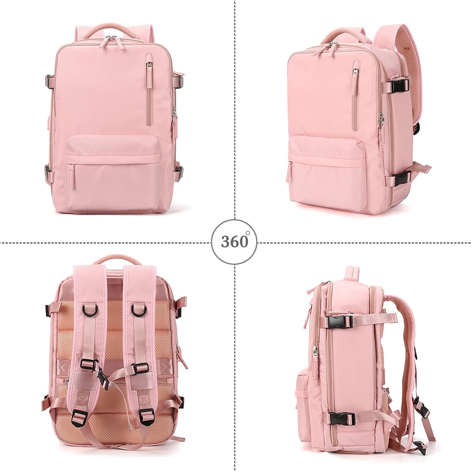 PORRASSO Women Laptop Backpack Large Travel Daypack with USB Charging Port Rucksack Business Backpack for 16 Inch Laptop Nylon Waterproof Pink