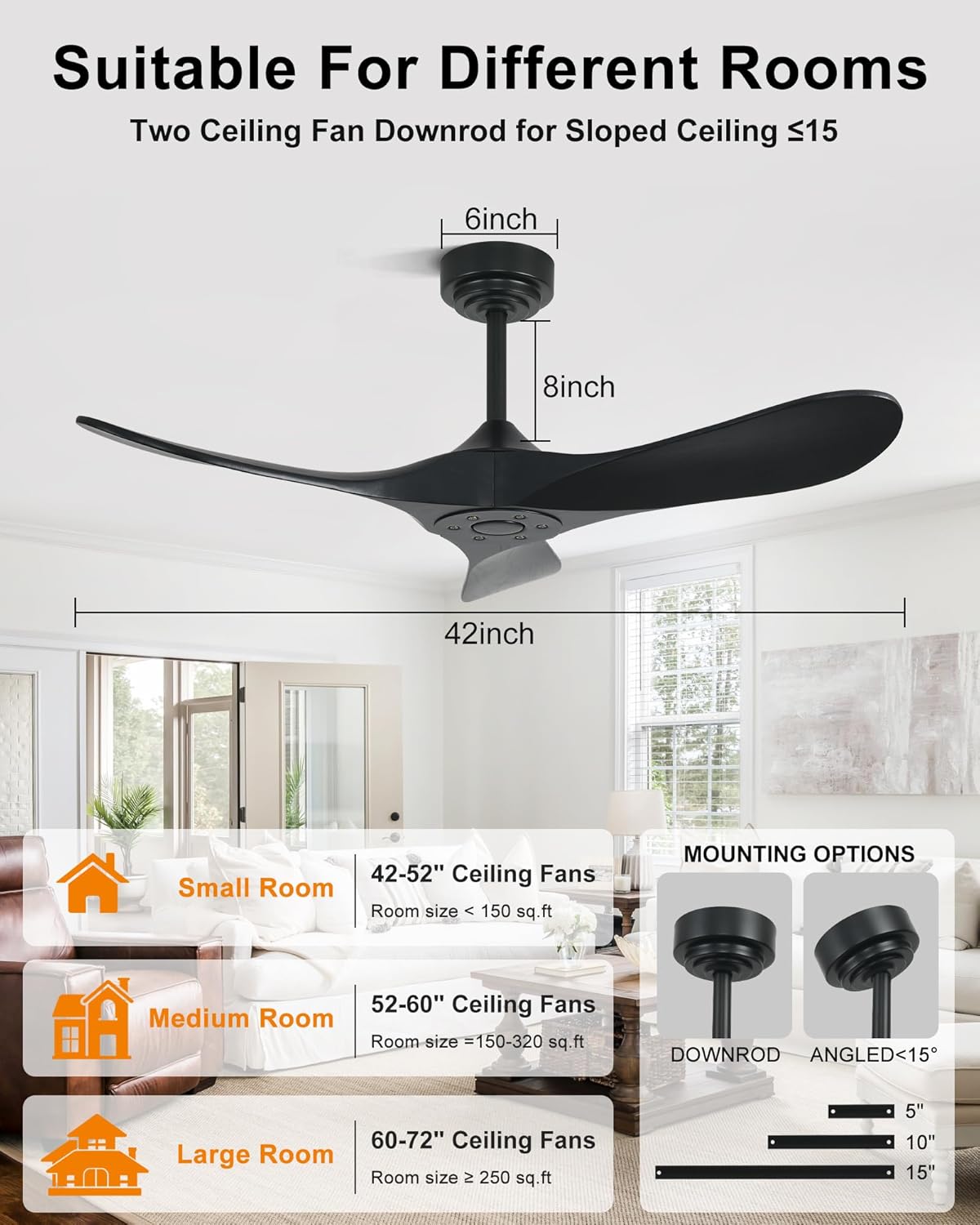 42 Inch Outdoor Ceiling Fans without Lights, Smart Wood Ceiling Fan no Light with Remote Control & Alexa/Google, Outdoor Fan for Patios Farmhouse 3 Blades High CFM Ceiling Fans Black