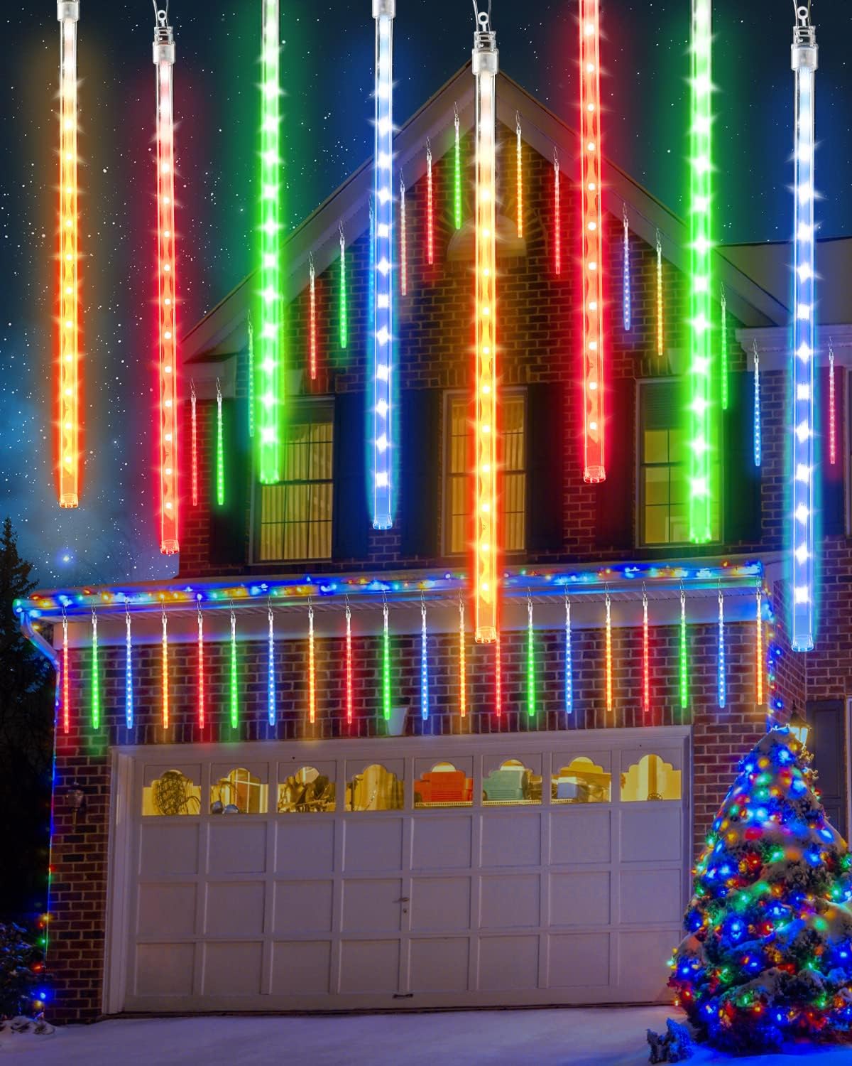 Flacchi Multicolor 20 Tubes Meteor Shower Icicle Light 480 LED Raindrop Lights with Timer Function Cascading Falling Rain Lights for Holiday Party Christmas Decorations