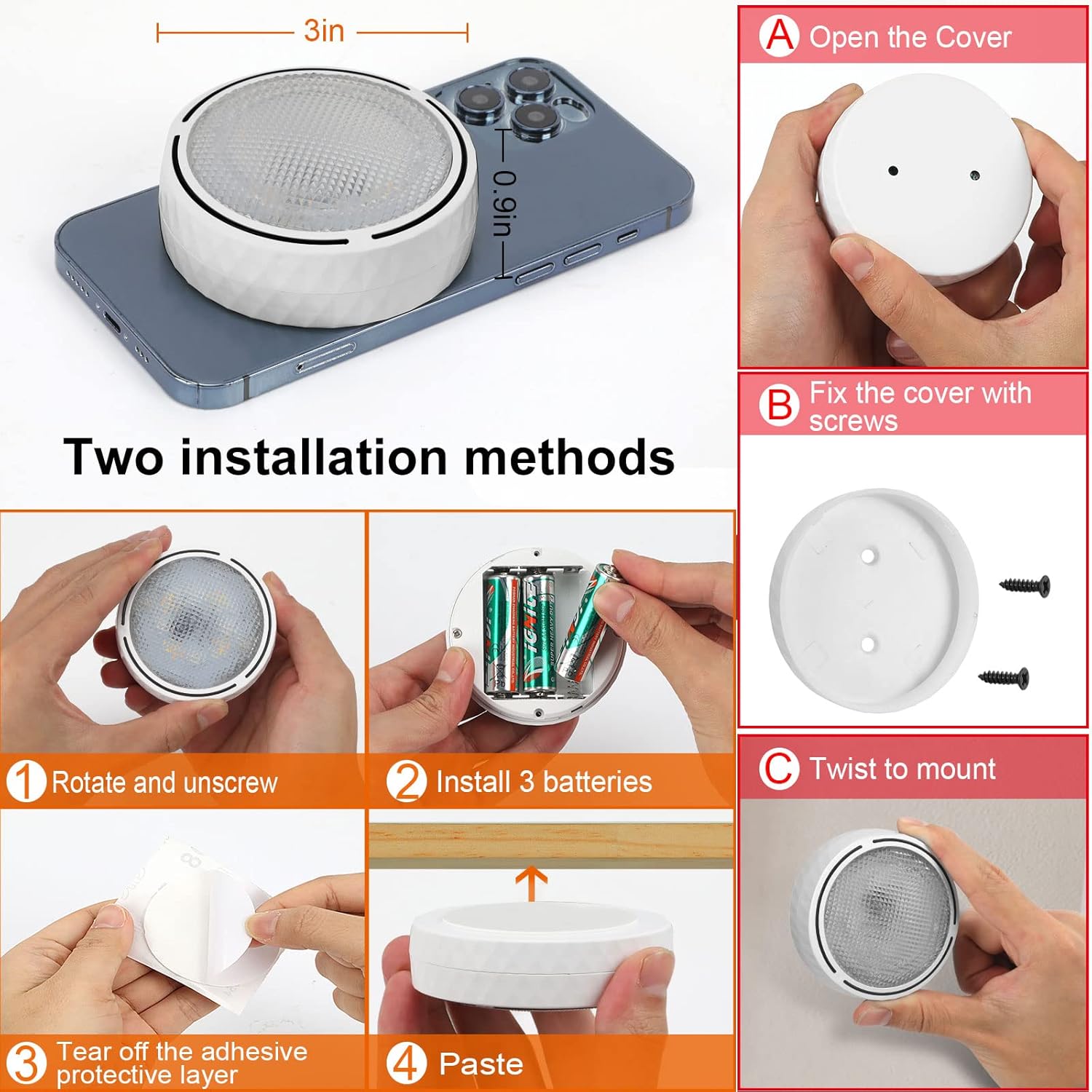 Image illustrating the steps for battery installation and mounting. It shows unscrewing the back cover, inserting three AA batteries, and then twisting the light onto a fixed base.