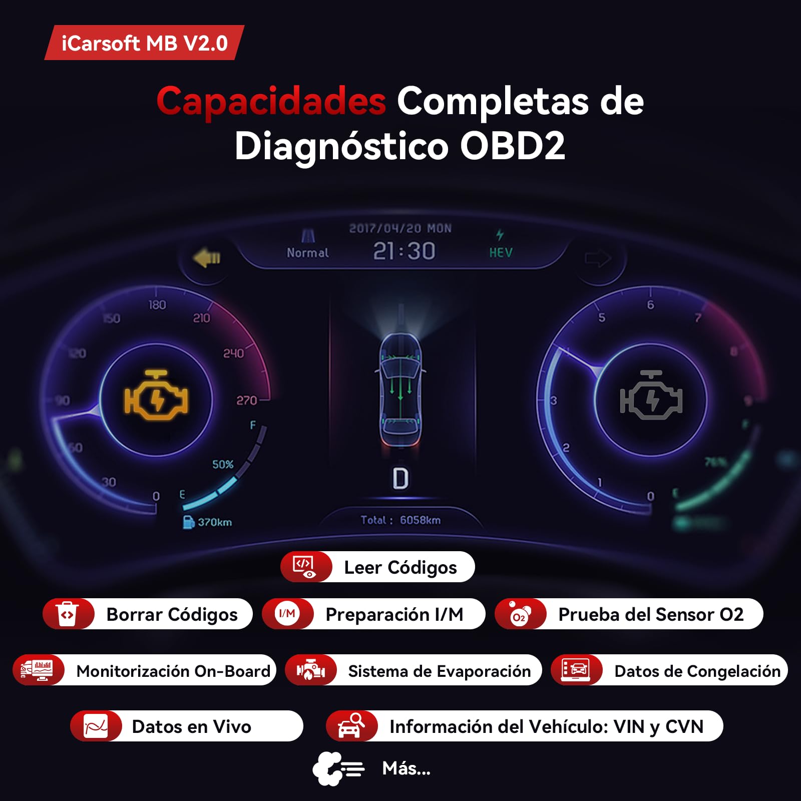 iCarsoft MB V2.0 OBD2 Máquina Diagnosis Coche para Ben.z/Sprinter/Smart, Escáner de Todo el Sistema, Detector Fallos Coche con 9 Funciones Reinicio, Prueba de Batería, Actualización de por Vida
