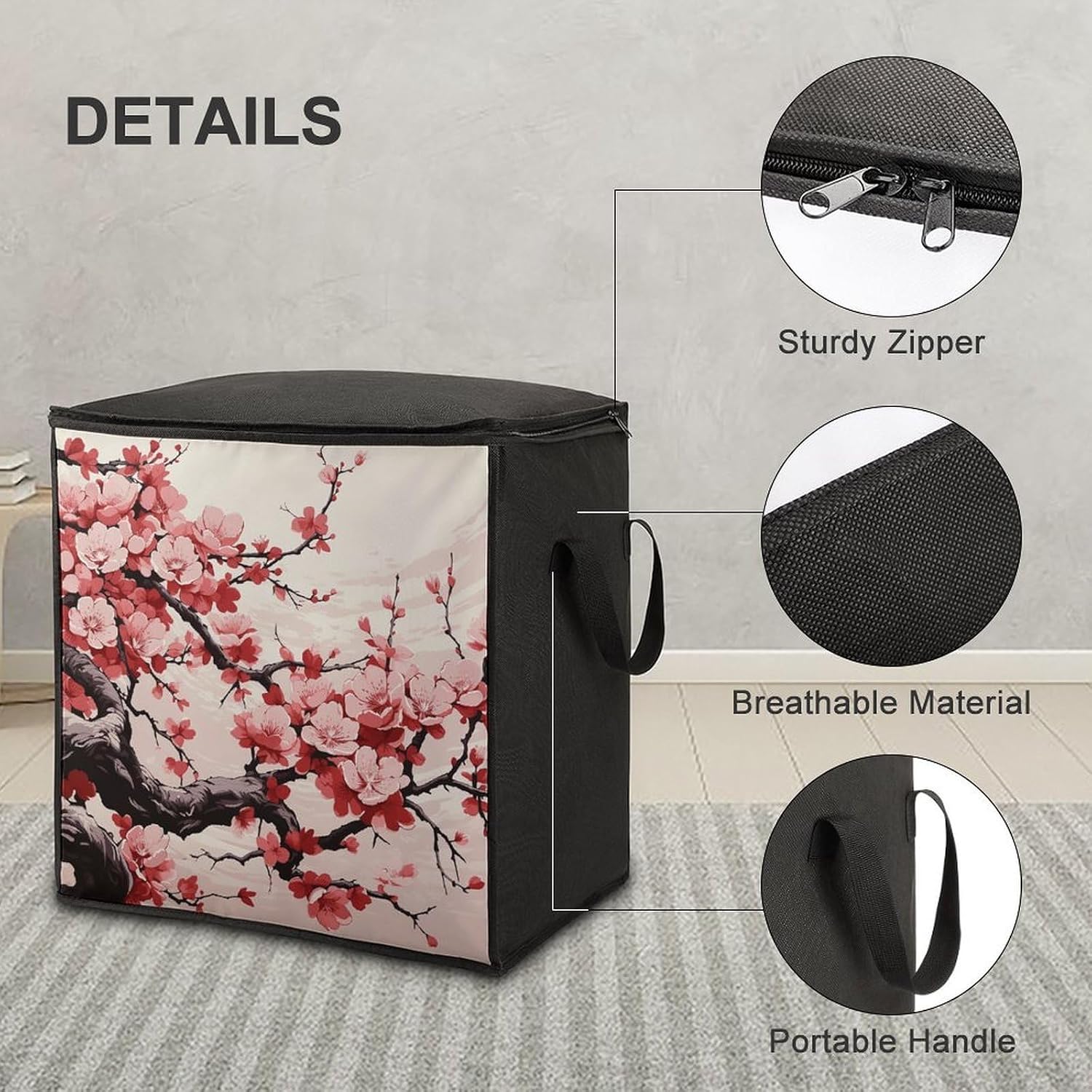 Japanese Floral Cherry Blossom Storage Bag with Zippers And Handle Extra Large Bedding Comforter Storage Bag Foldable Blanket Storage Bags Fabric Moving Bags for Closet Organizer (70L)