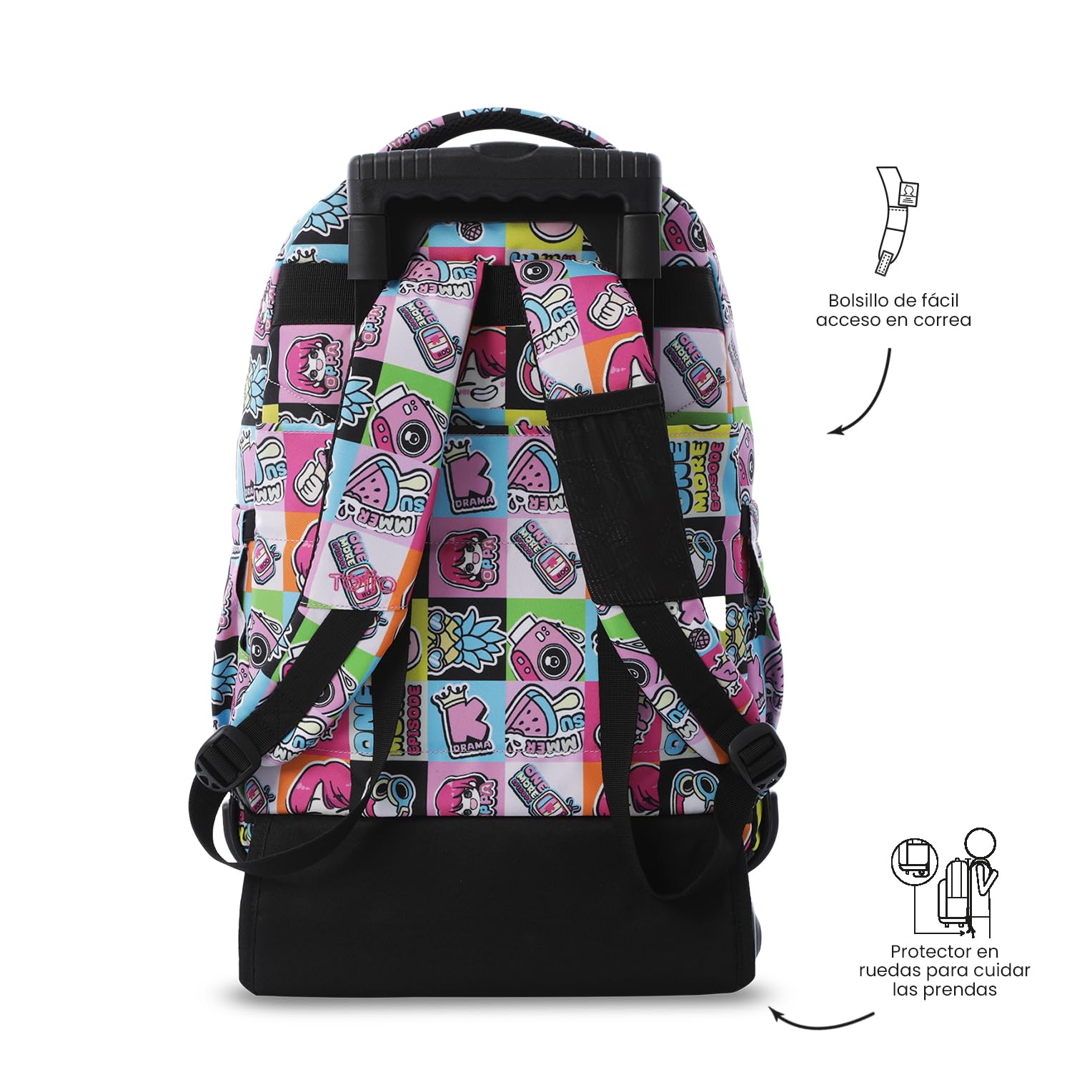 TOTTO - Mochila Escolar con Ruedas, Modelo Renglones, Capacidad 26,21 Litros, Bolsillo para PC 14", Bolsillo Botella, Correas en S para Mayor Comodidad, Resistente, Estampado K-Pop Rosa