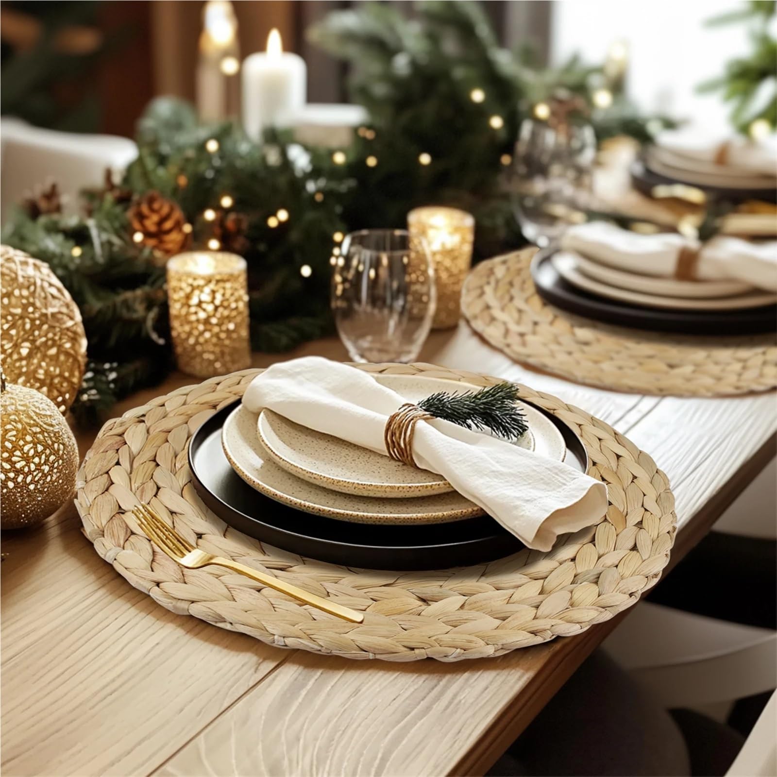 Sets de Table Ronds tissés Ensemble de 6 Sets Table Ronds en rotin tissés à la Main, 30cm, Isolation Thermique, Tapis Table Osier Naturel for Salle Manger, décoration Mariage Domicile(6pc A)