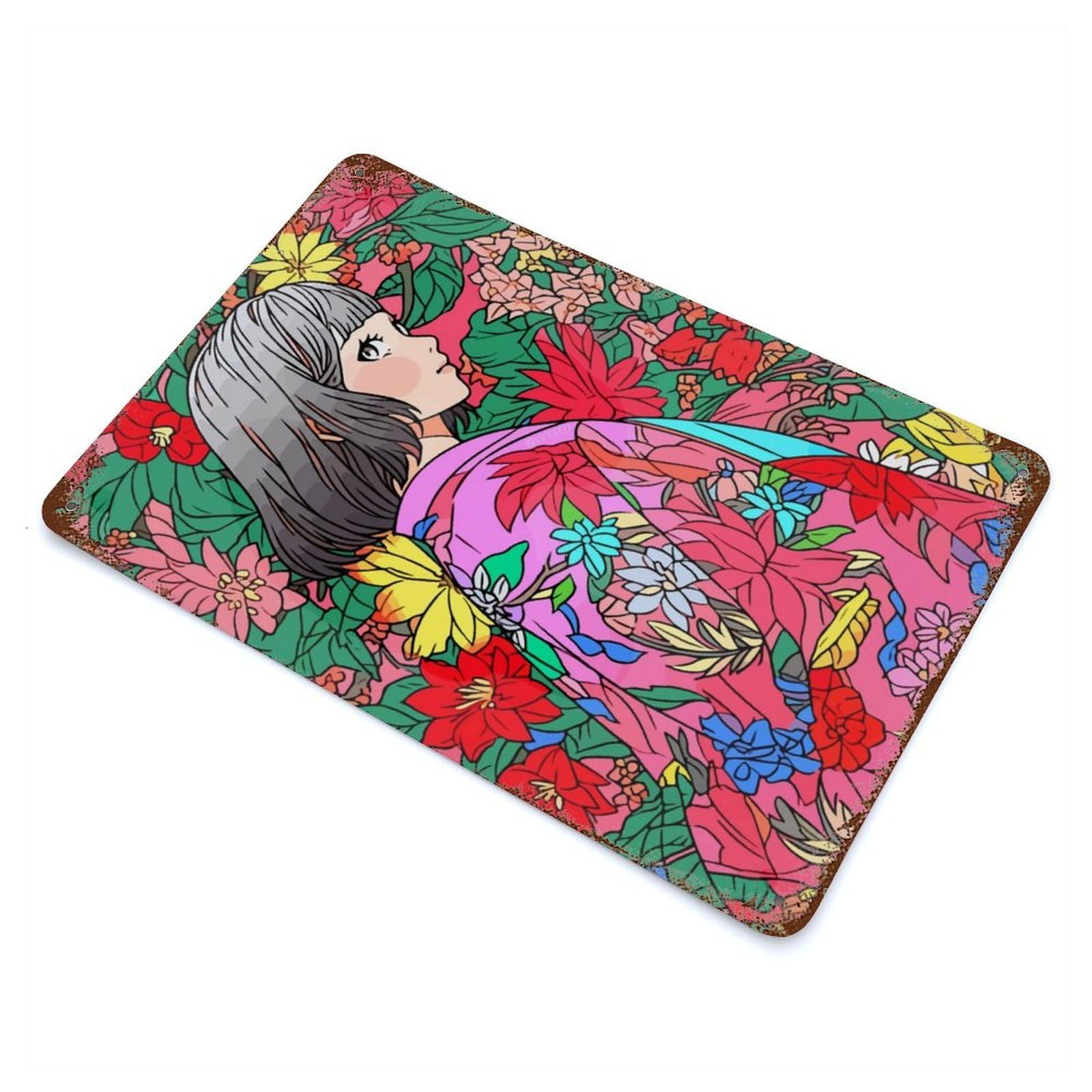 Distressed Metal Wall Sign Kawaii Kimono Girl Anime 11.8"x7.9", Vintage Wall Decor for Garage, Bar And Workshop Decor