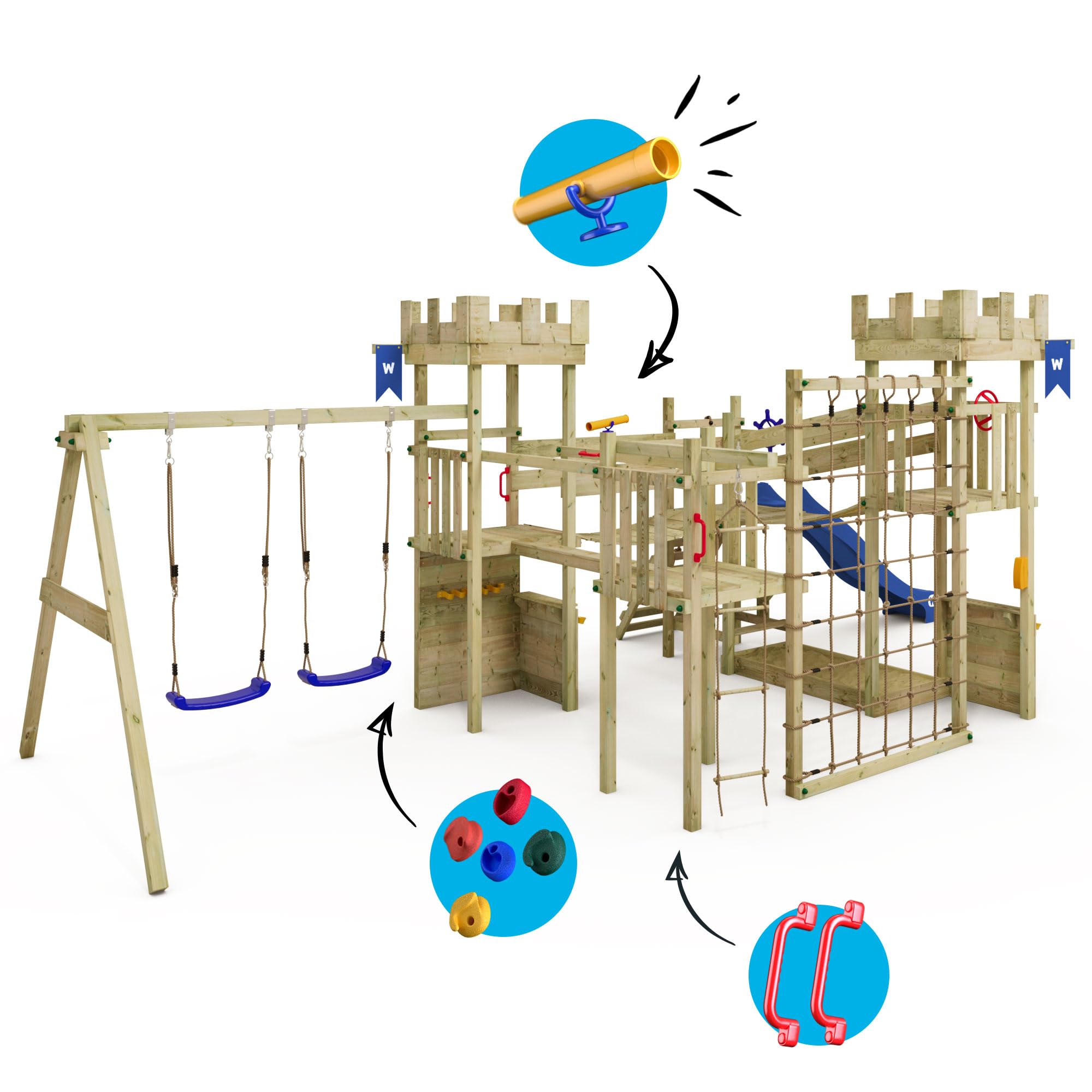 WICKEY Spielturm Ritterburg Smart Arch mit Türkiser Rutsche | Schaukel, Sandkasten, Leiter, Spiel-Zubehör für den Garten