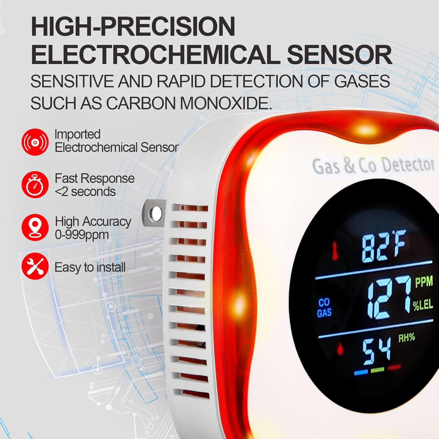 Combustible Gas & Carbon Monoxide Detector 4-in-1 Alarm with Temp/Humidity Sensor – Plug-in CO/Gas Leak Detector for Home, RV, Apartment Safety (Explosive Gas & CO Detection) (CO&Gas, 1-Pack)