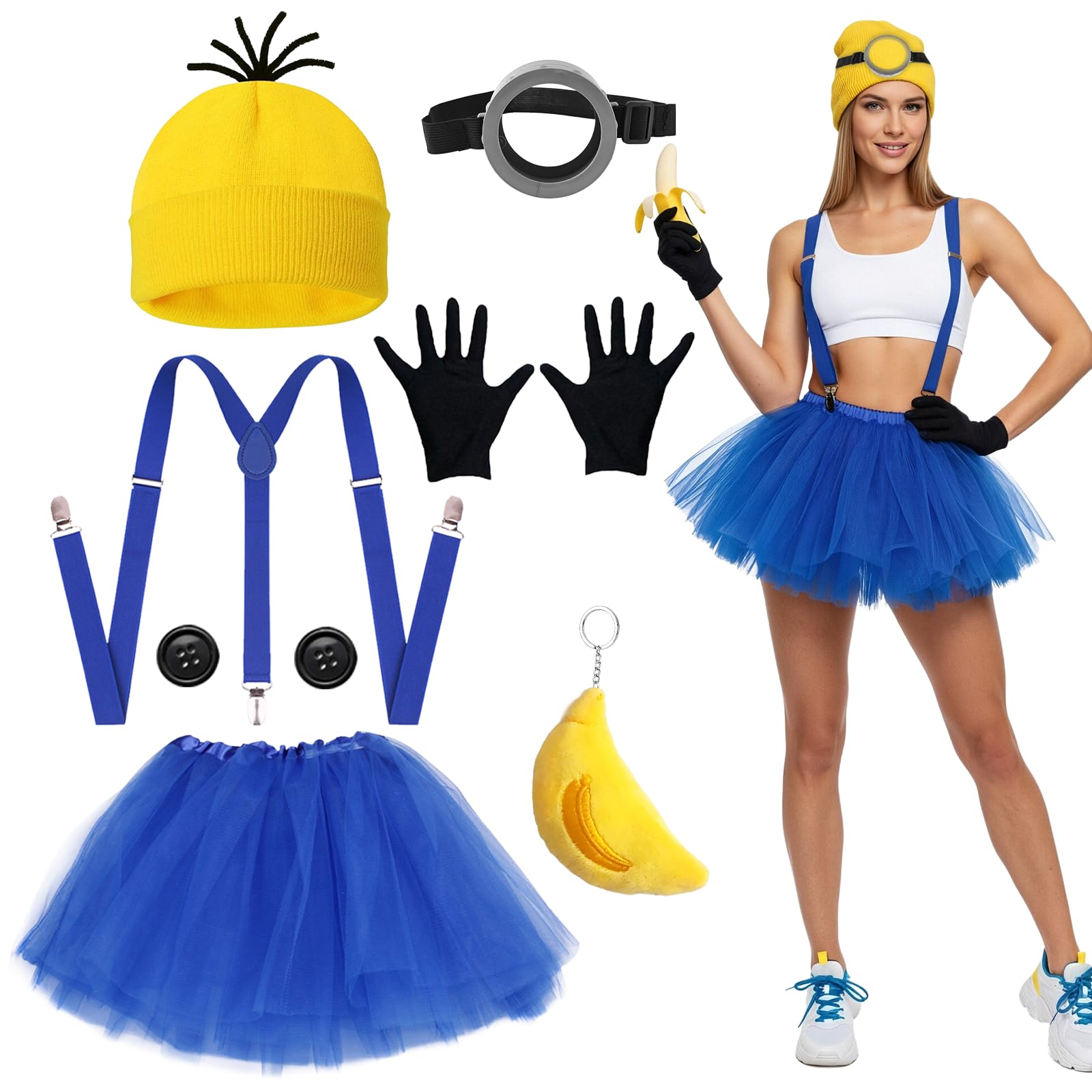 YAEGIMHT Yellow Costume Accessory Set, World Book Day Carnival Cosplay Costume, Include Hat, Goggles, Suspenders, Gloves