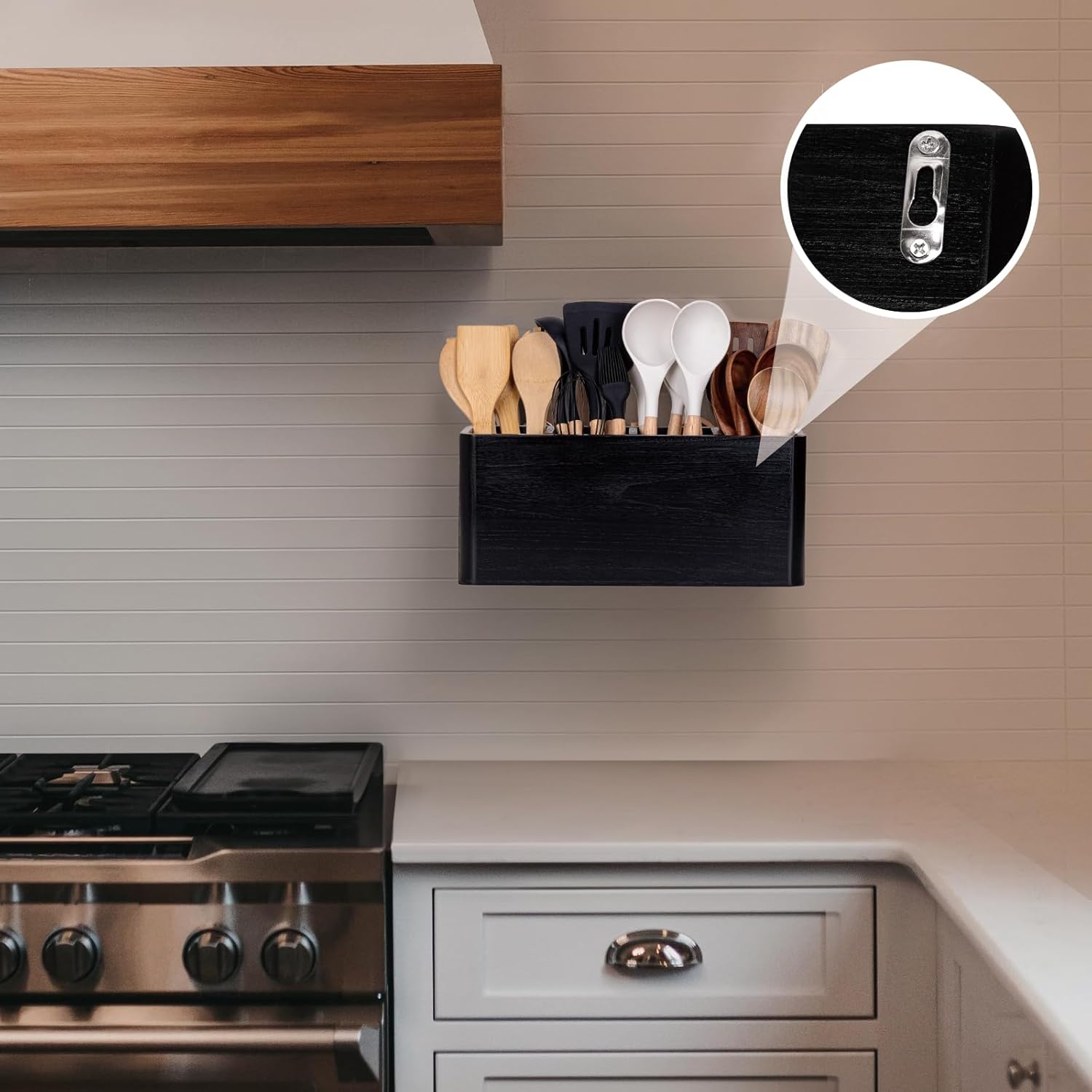 Extra Large Farmhouse Utensil Holder for Kitchen Counter, Large Wooden Utensil Holder with 4 Compartments, Black