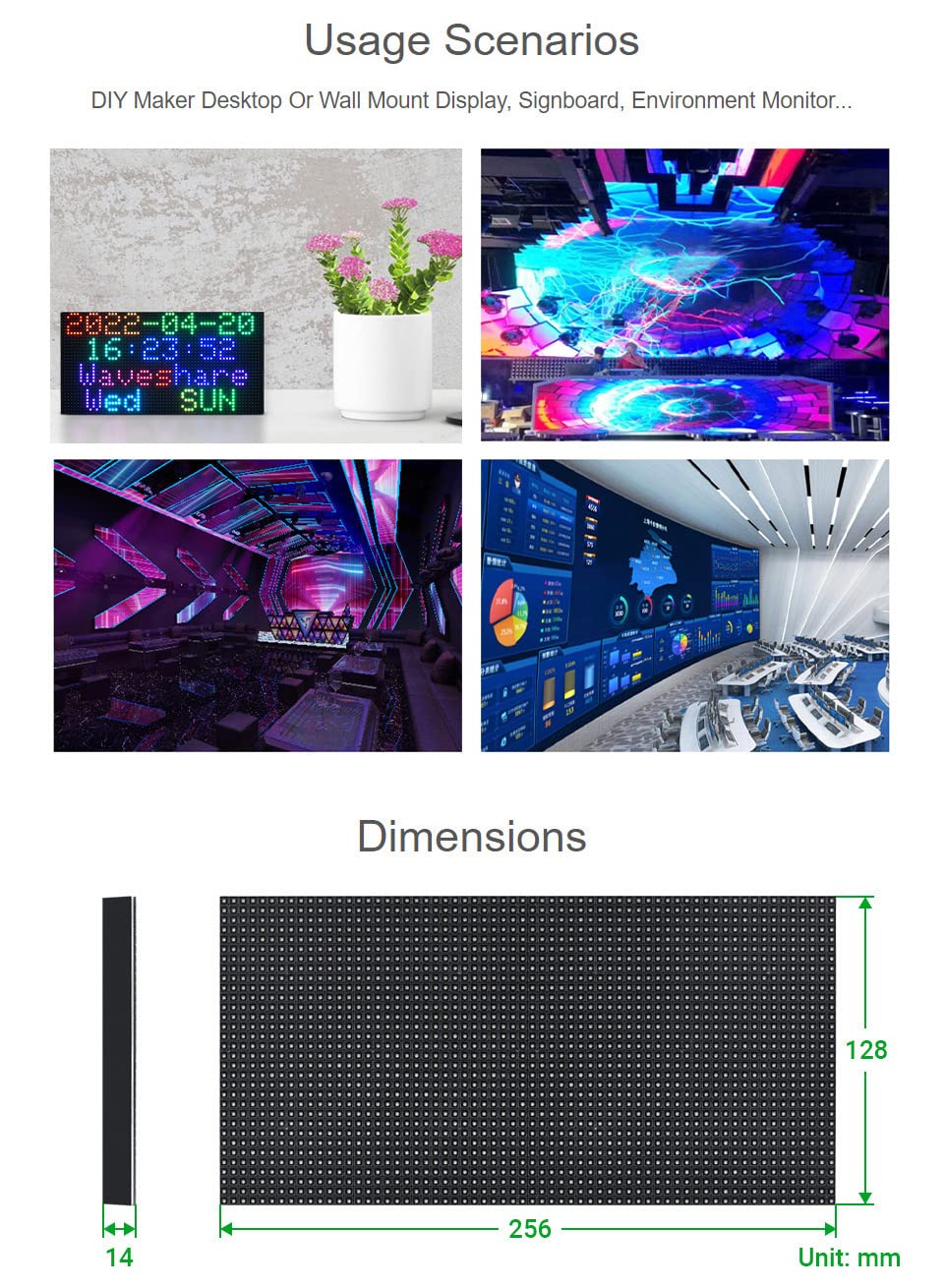 Waveshare RGB Full-Color LED Matrix Panel 4mm Pitch 64×32 Pixels 2048 Individual RGB LEDs Adjustable Brightness Compatible with Raspberry Pi