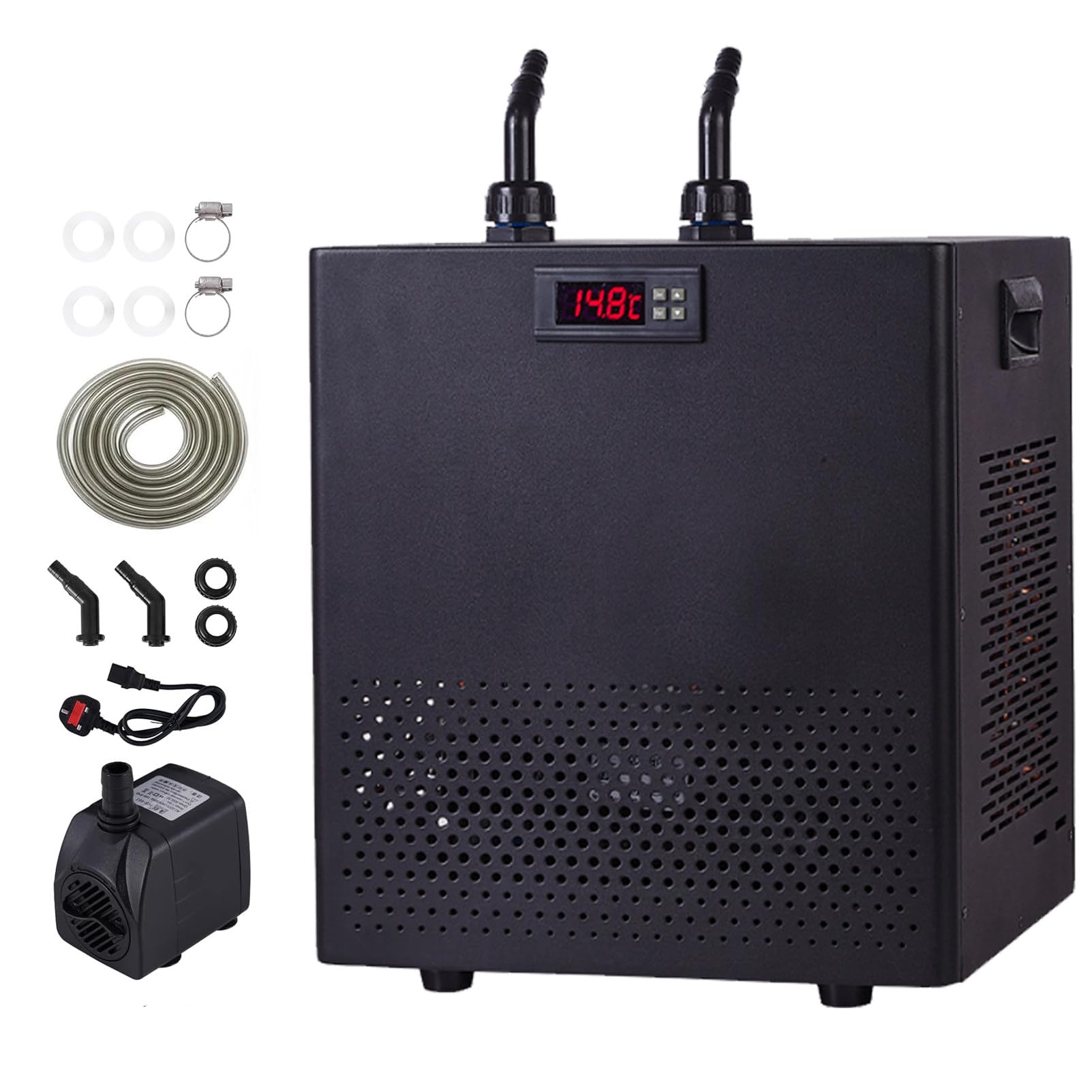 Aquarium-Kühler (160 l / 300 l / 500 l) für Aquarien und Hydroponik-Systeme – inklusive Tauchpumpe und Wasserschlauch – geeignet für Axolotl sowie Süß- und Meerwasseraquarien. 300L