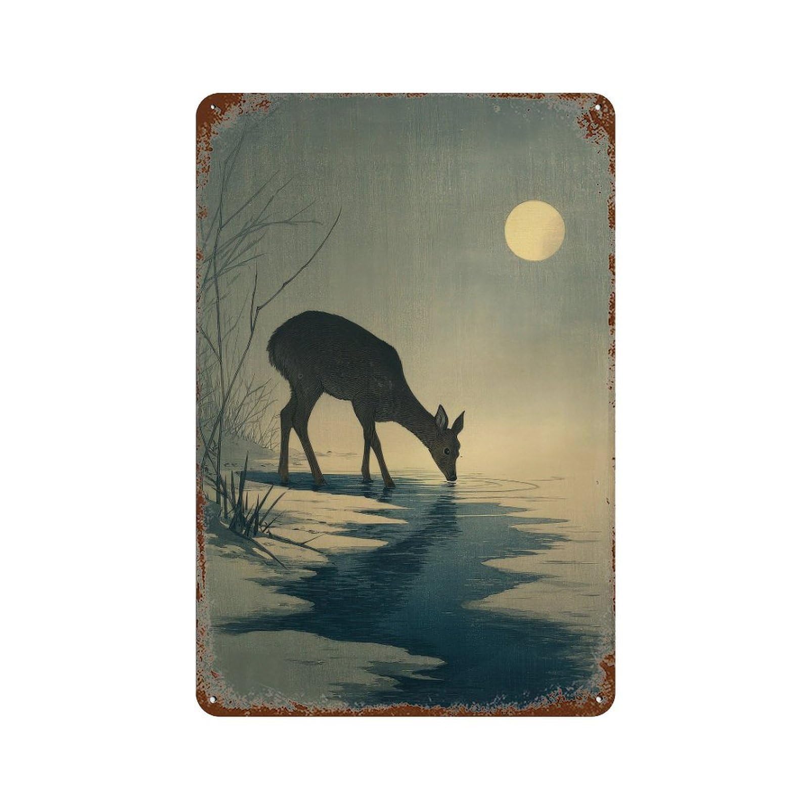 xiaoxiaoshen Deer Drinking At Moonlit Stream. Japanese Woodblock Nature Scene Wall Decor Art Metal Tin Poster Modern Home Decor Art Home Bar Shop Decorations Vintage Sign 30x20cm
