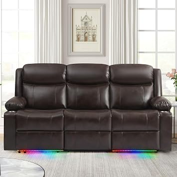 Reclining Sofa, Electric 3 Seater Recliner Sofa with Colorful Light/USB/Type C/Cup Holder, Wall Hugger RV Recliners Reclining Couch for Living Room & Home Theater