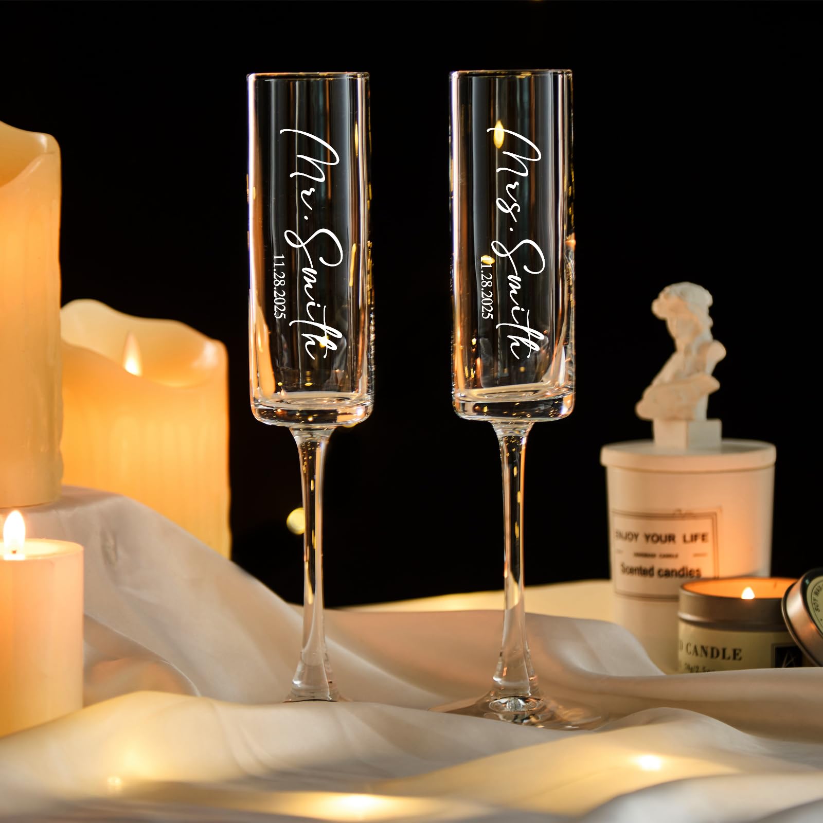 Personalized Wedding Champagne Flutes for Bride & Groom, Set of 2, 6oz – Custom Engraved with Names & Icons – Stunning Wedding, Engagement,