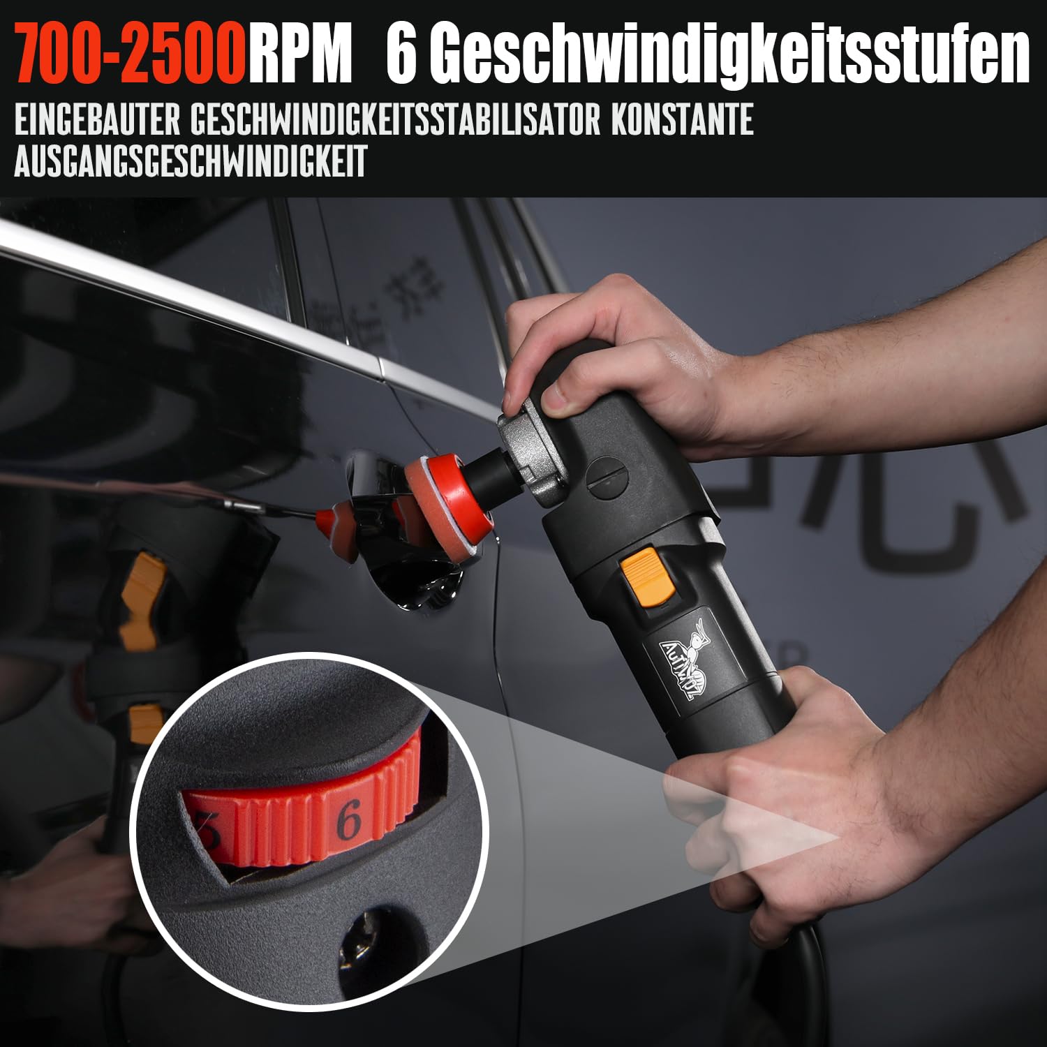 AUTIWOZ Mini lucidatrice, 600 W, con 6 velocità variabili, 700 – 2500 giri/min, manico laterale rimovibile, per lucidatura dei dettagli, 25 mm, 50 mm, albero di estensione filettatura 75 mm