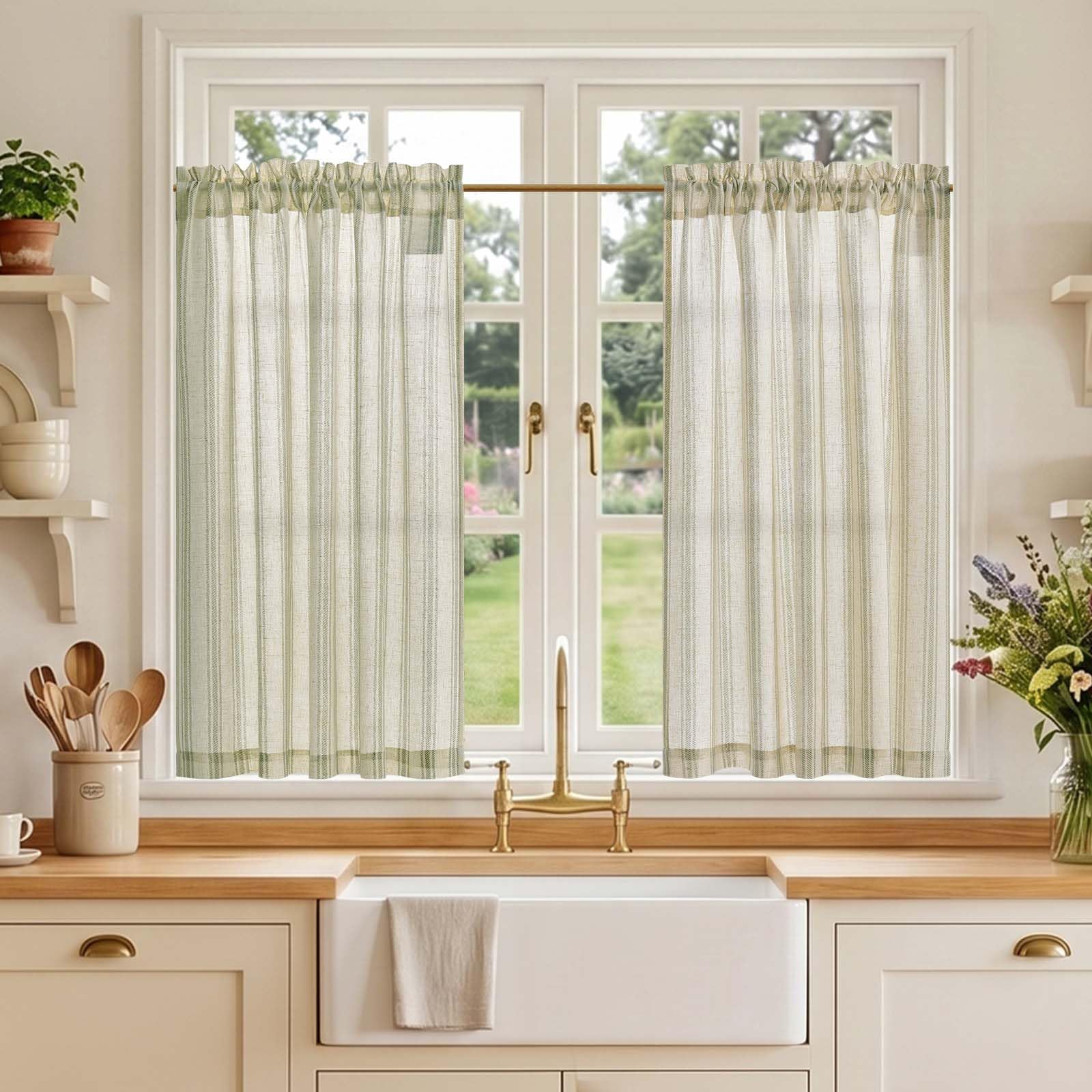 TOPICK Linen Look Kitchen Curtains, Cafe Curtains, W36 xL36 Green Striped โ image 1