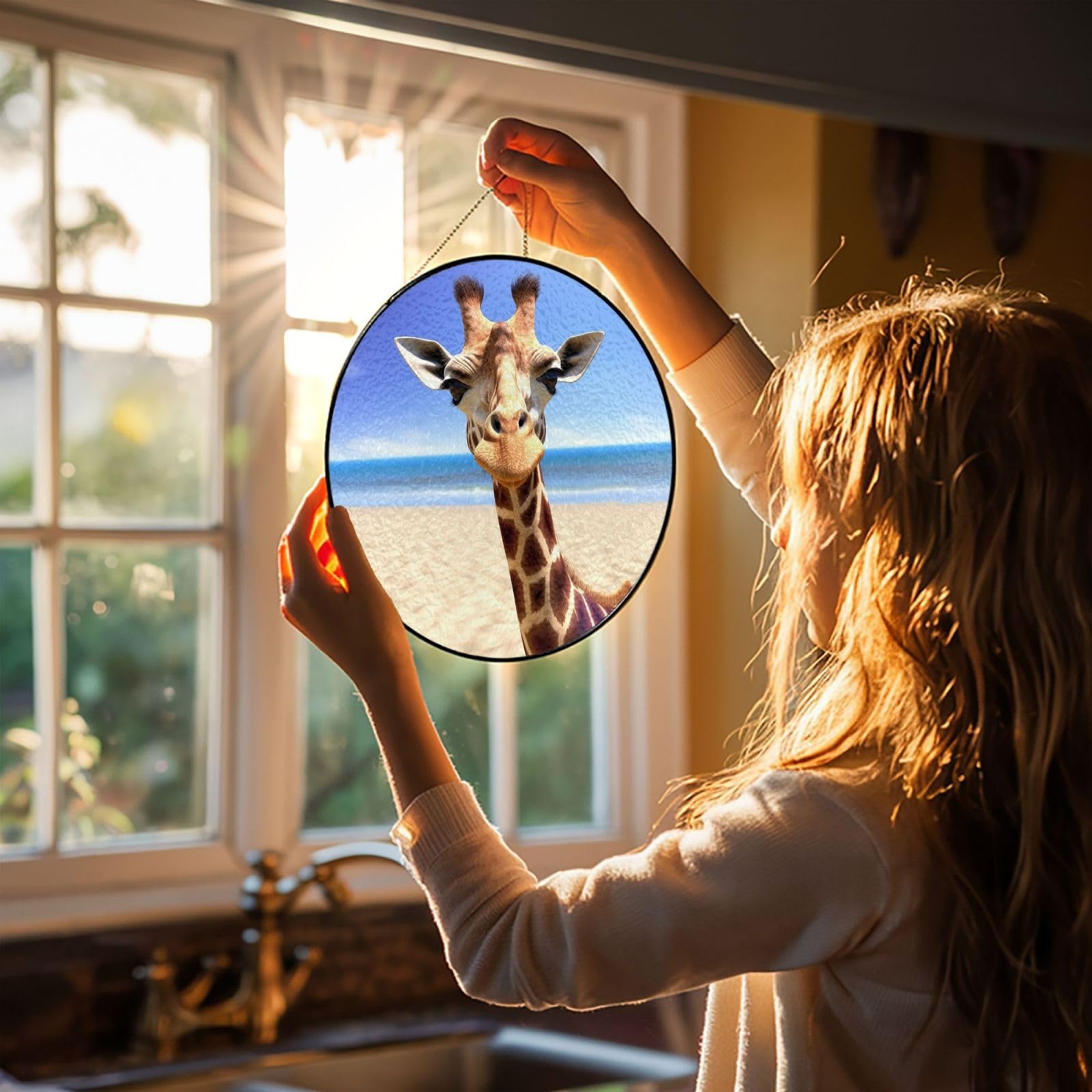4in Stained Glass Window Hanging,Window Suncatcher Glass Panel with Metal Chain Beach Giraffe Sun Catchers Wall Art Home Decor Gift for Women Mother's Day