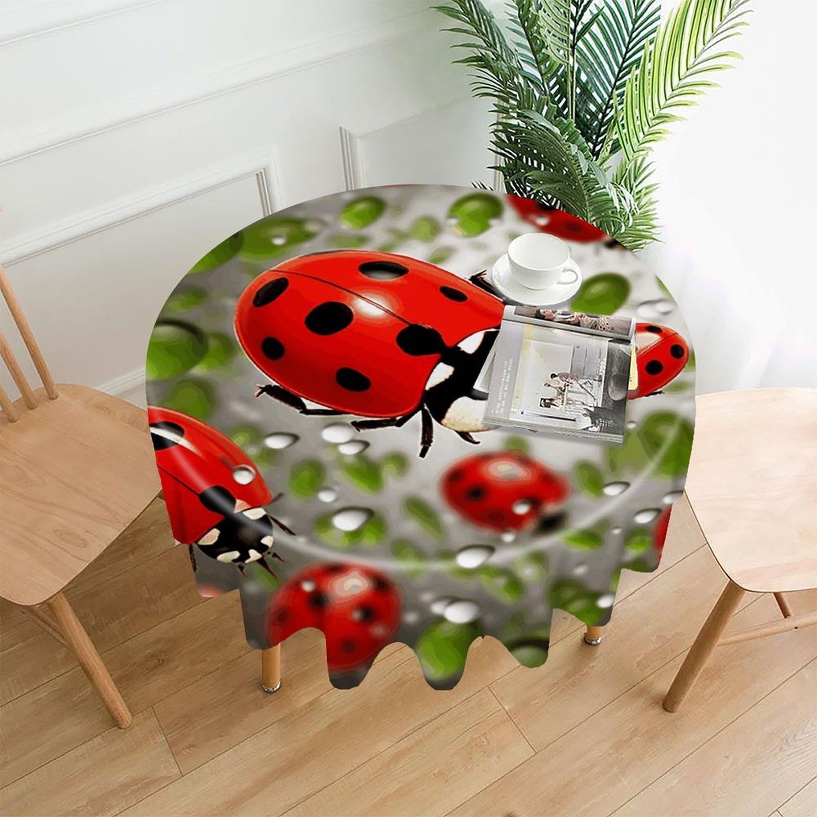 Ladybug Tablecloth Exquisite Wrinkle-Free Straight-Edge Round Table Cloth Anti-Fading Premium Polyester Tablecloth Waterproof Folding Table Cloths for Tables Decor