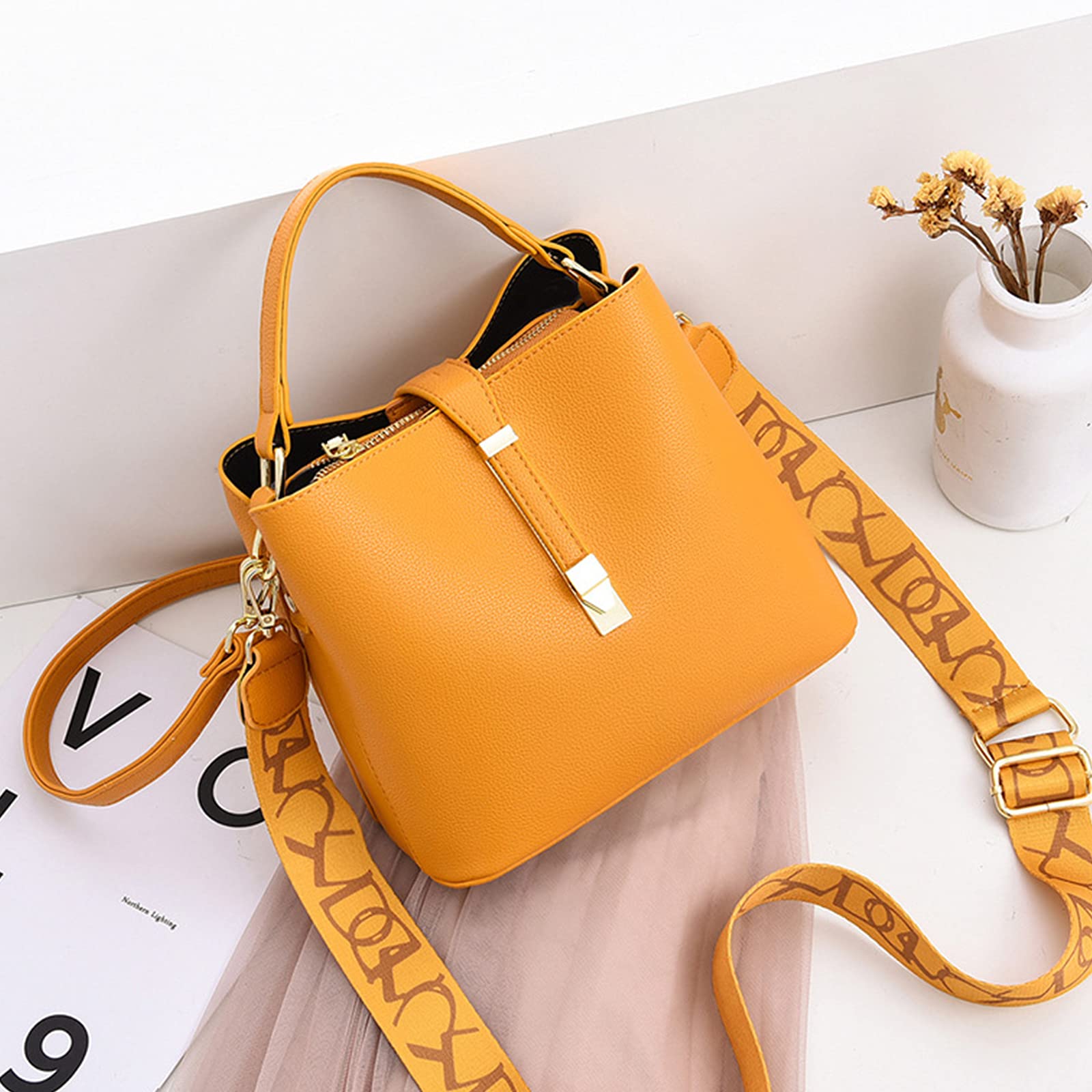 NICOLE & DORIS Bolsos de mano para mujer, bolso de mano de piel sintética, bolsos grandes y bolsos de hombro con dos correas, asa superior, bolsas de cubo hobo de moda para mujer, Amarillo, Large