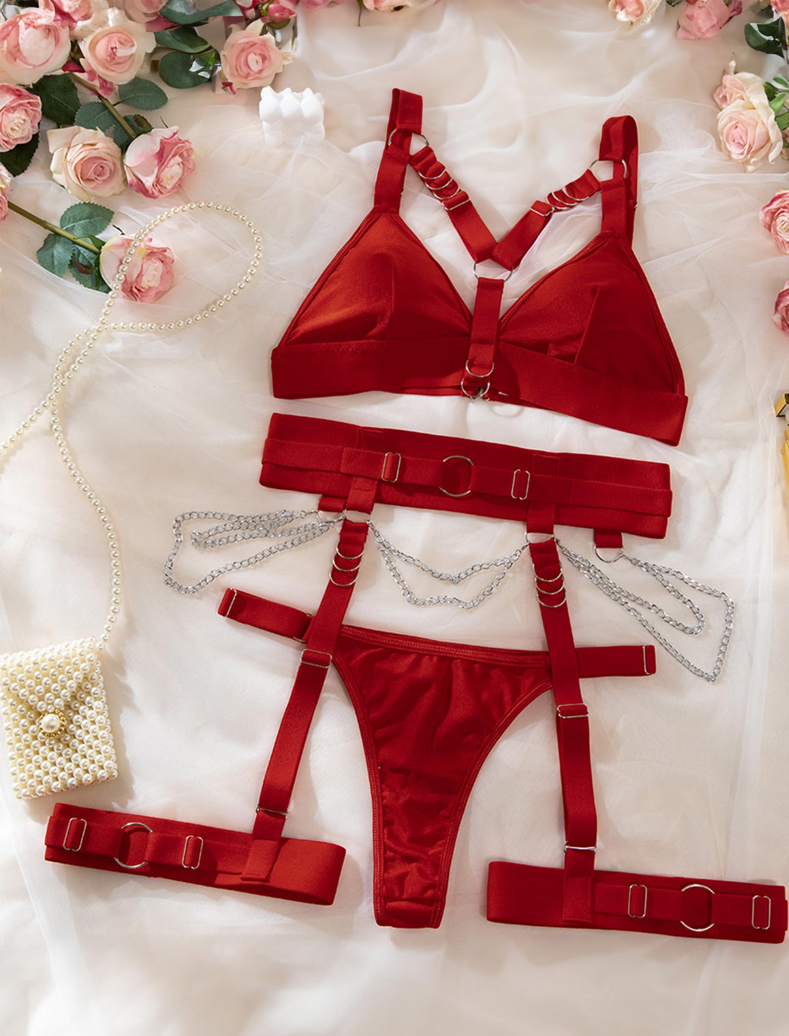 Alrovetoney Sexy Lingerie Set For Women With Garter Belt 5 Pieces Strappy Bra and Panty Set Adjustable With Chain: Small Burgundy