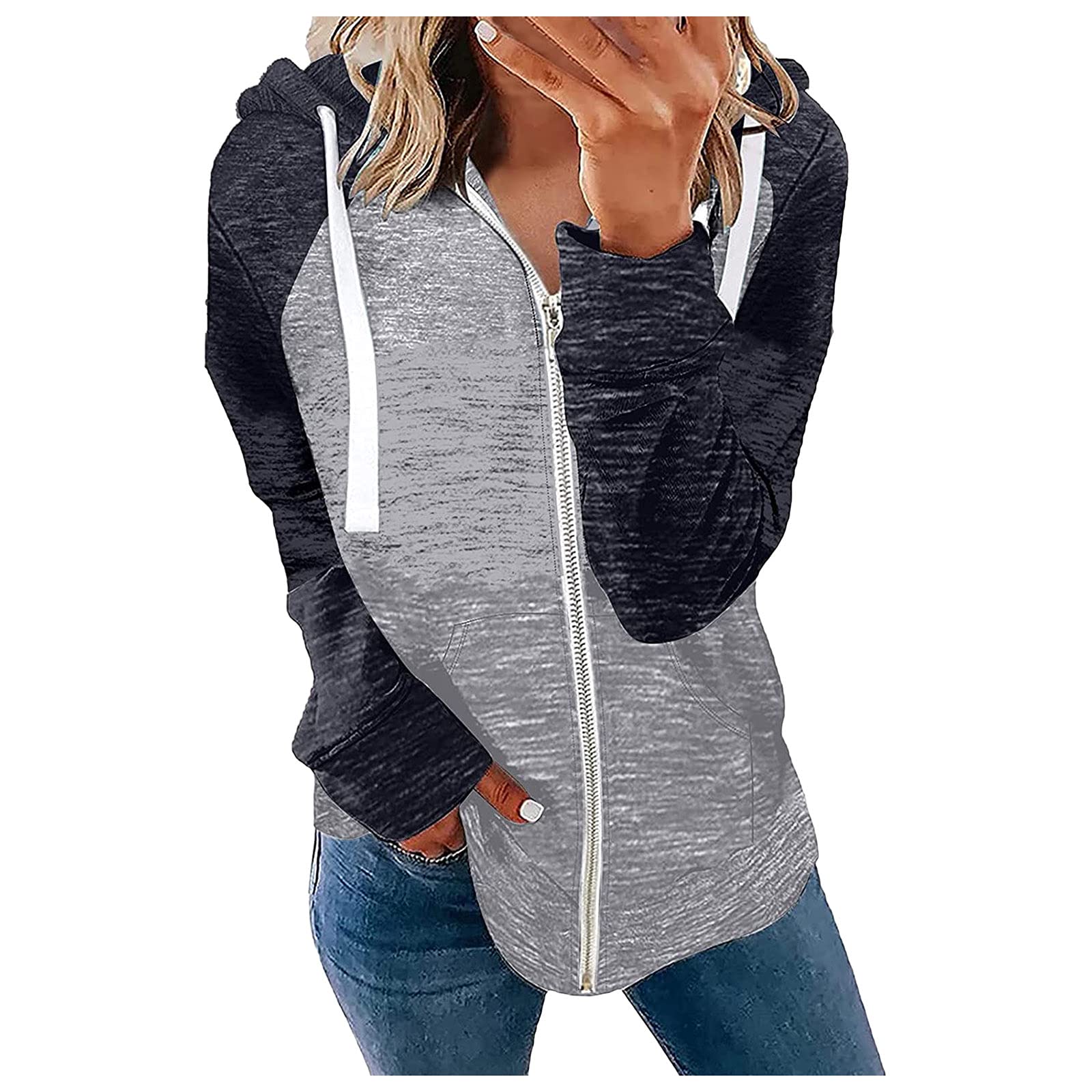 Womens Colorblock Hoodies Sweatshirts Full Zip Hooded Casual Long Sleeve  Outerwear Hoody Jackets Tops Cardigan With Drawstring Formal Party Work