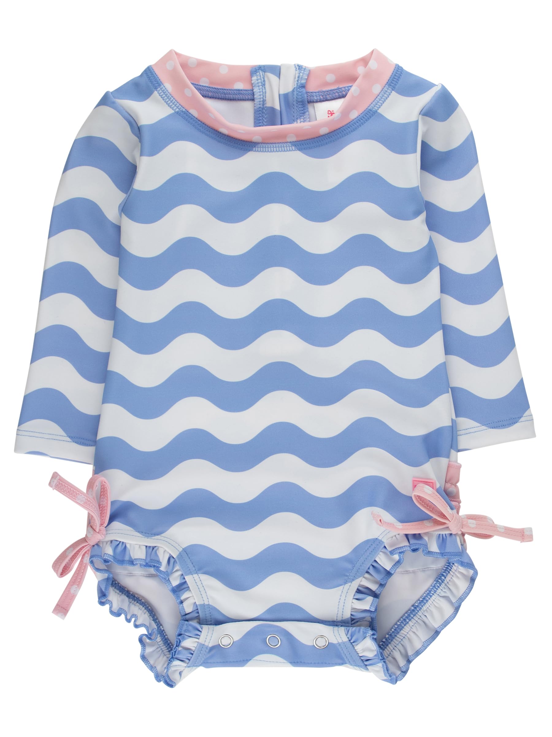 RuffleButts Baby Girls Novelty Baby One Piece - Rash Guard Swimsuit | 80% Nylon 20% Spandex, UPF 50+, Lightweight, Medium Stretch, Full Seat Coverage, Bottom Snaps, Unlined, Infant Beach Swim