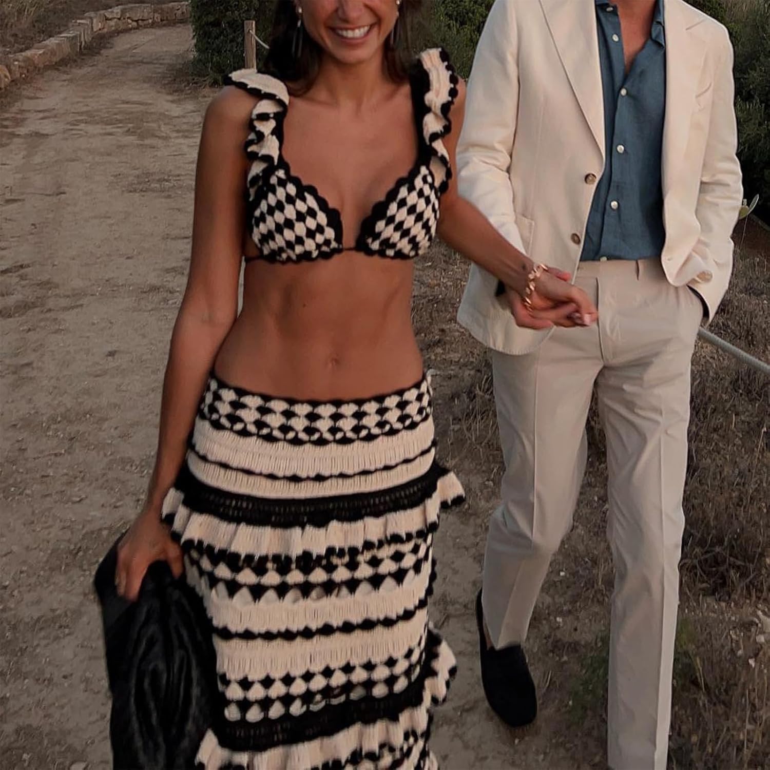 Maglia 2 Pezzi Gonna Set per Le Donne Estate Hollow out Crop Top Bodycon Vita Alta Maxi Gonna Set Abito da Spiaggia