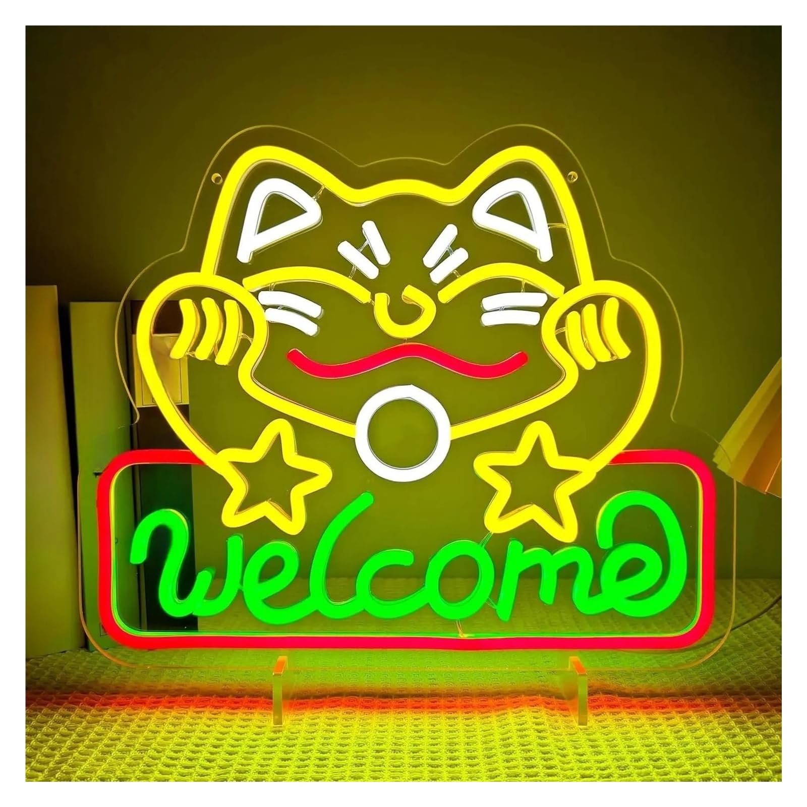 LEMST Sign Lamp Lucky Cat Welcome Neon Sign Light Dimmable USB Powered for Hotel Shop Cafe Restaurant Shop Bar Art Decor ﻿36.4cmx30cm