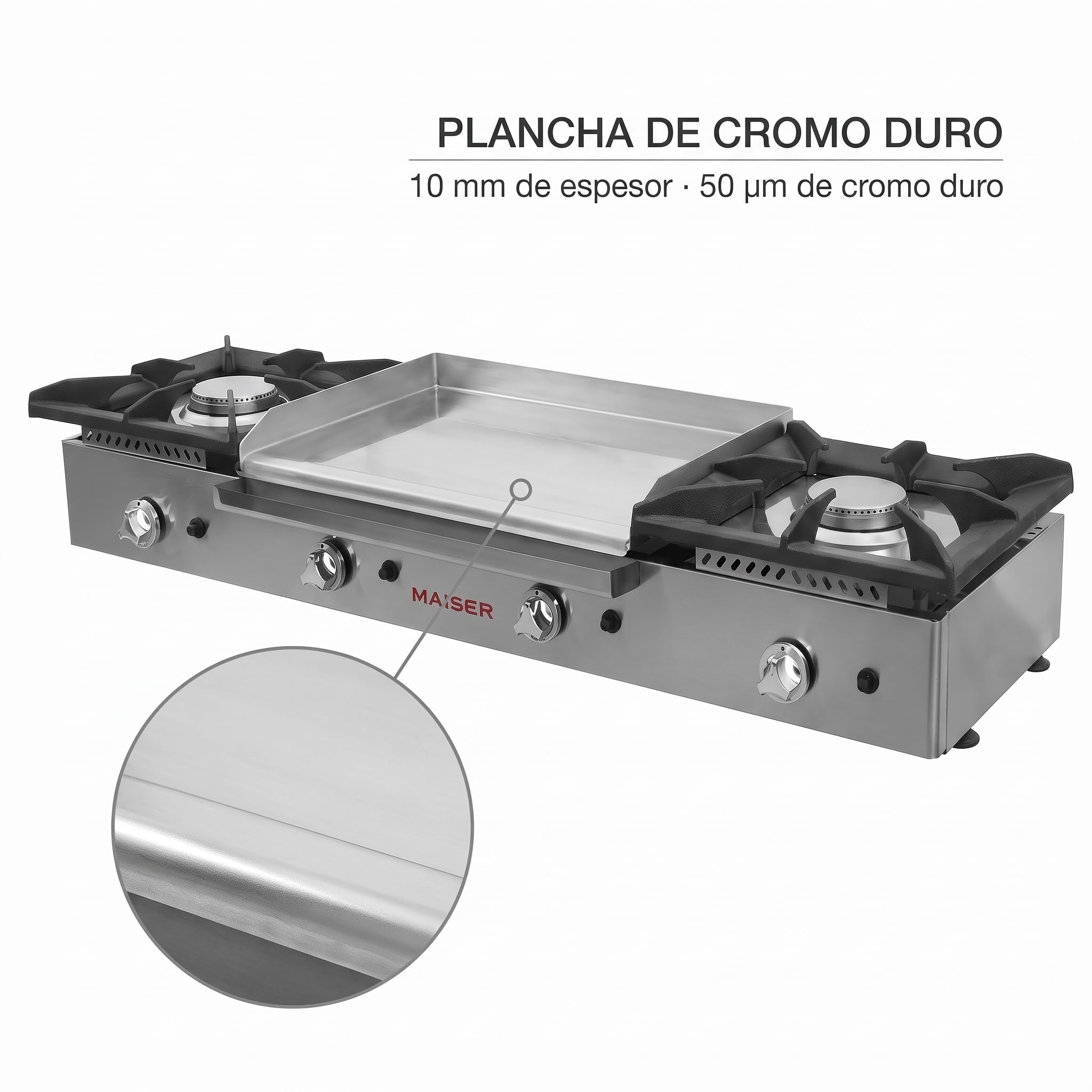 Cocina Gas Butano con Plancha Cromo Duro 60 cm, 2 Fuegos