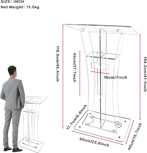 Miniatura 9 de Púlpito de iglesia con ruedas, podio acrílico LED transparente y plataforma de lectura vertical, elegante atril de 46 pulgadas para iglesia y aulas