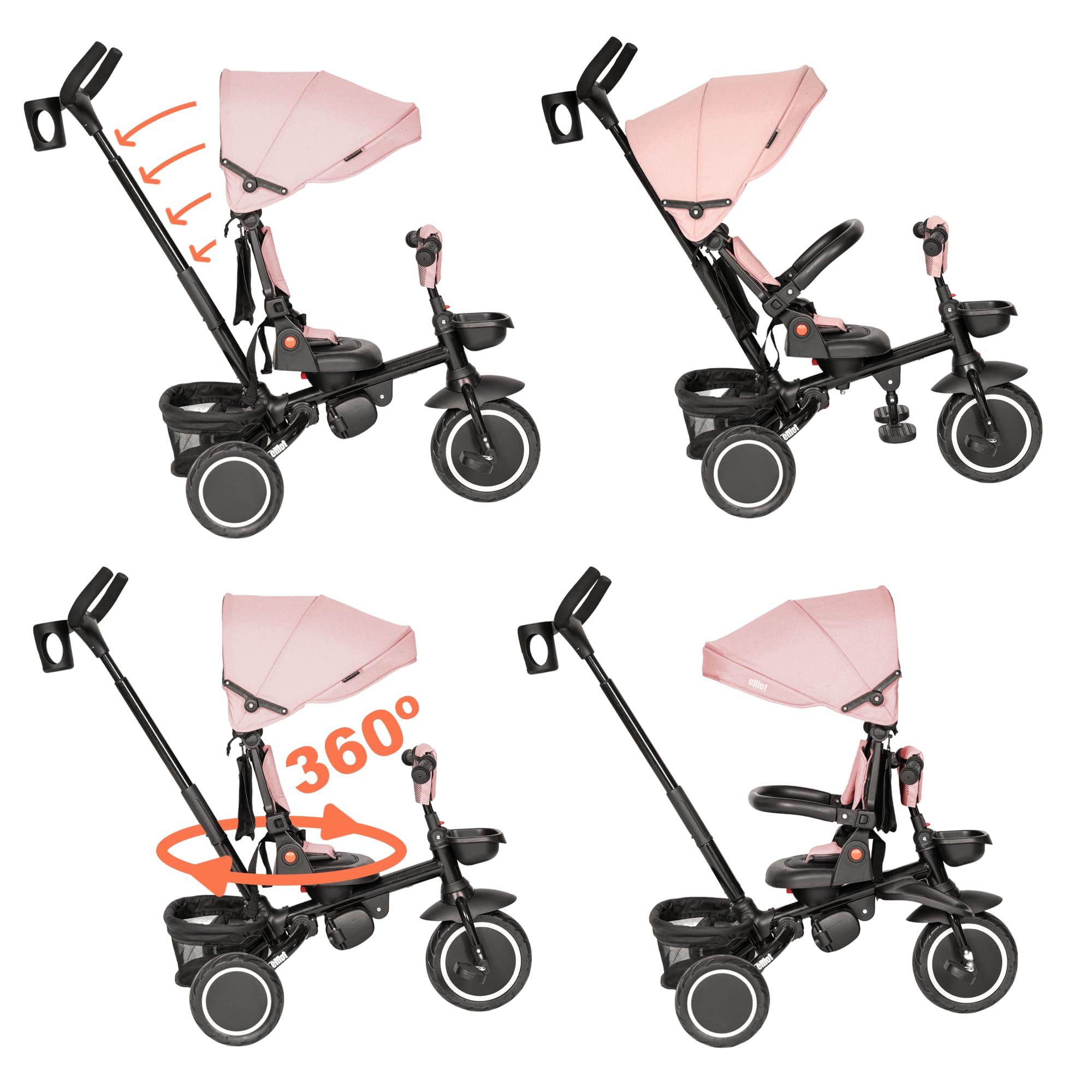 Olmitos - Triciclo Evolutivo Elliot 360º - Asiento Giratorio, Respaldo Ajustable y Estructura Resistente para Crecer con tu Pequeño (Rosa)