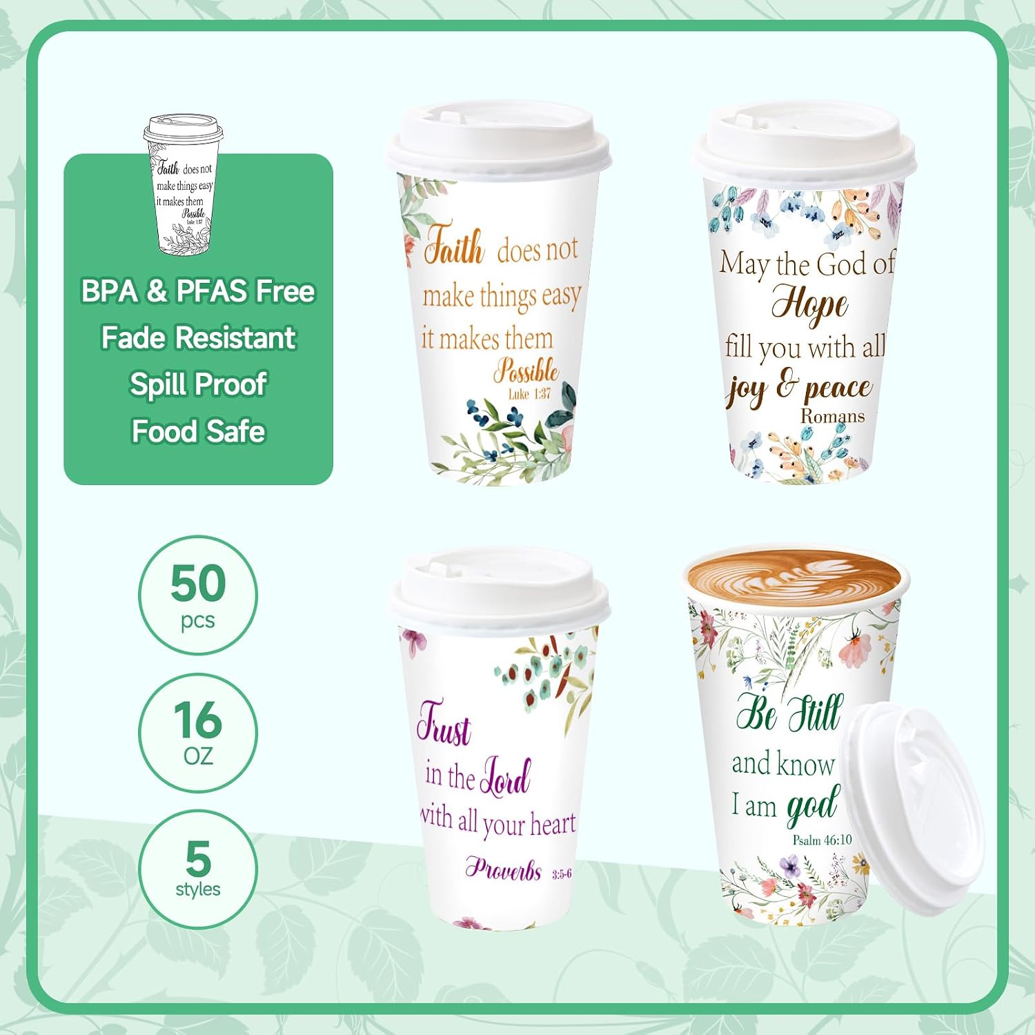 50 Pack 16 oz Disposable Coffee Cups with Lids Christian image 2