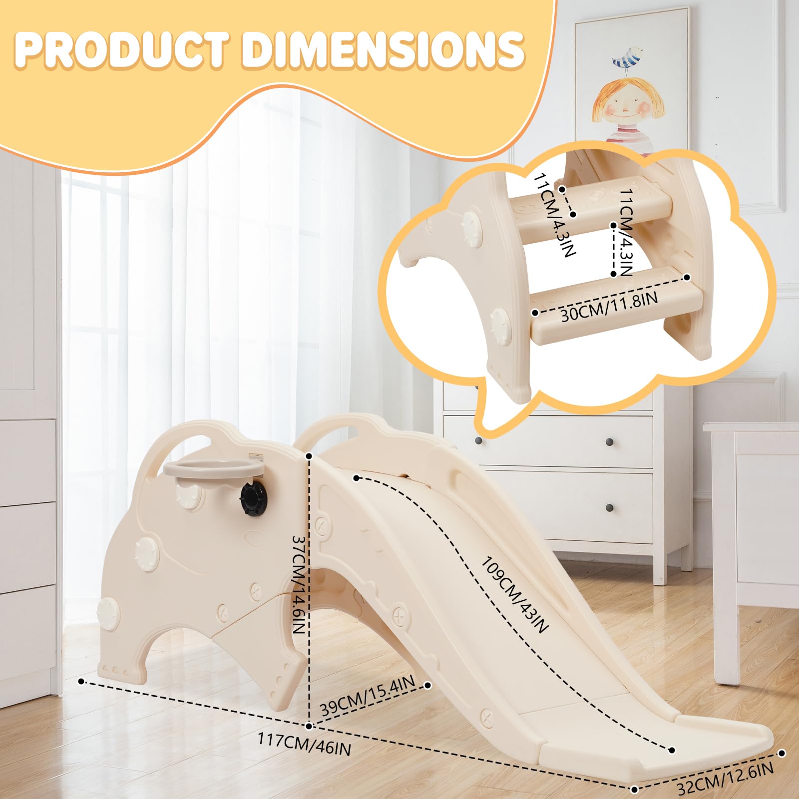 3 en 1 Toboggan pour Enfants, Toboggan avec Panier de Basketball & Ballon, Jeu d'Extérieur et l'Intérieur pour bébé