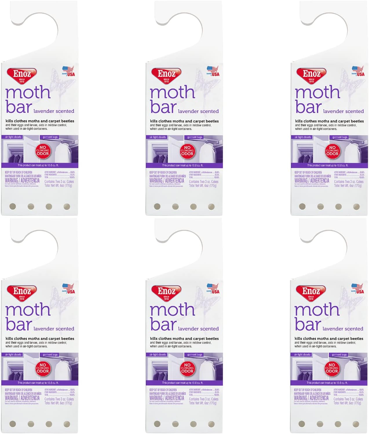 Enoz Lavender Scented Moth Bar, Kills Clothes Moths, Carpet Beetles, Eggs and Larvae, 6 oz Bar (Pack of 6)