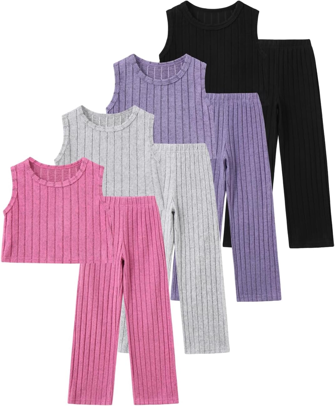 Girls 8 Piece Set Ribbed Knit Sleeveless Crop Tank Top Wide Leg Pants Summer Casual Outfits 3-14Y