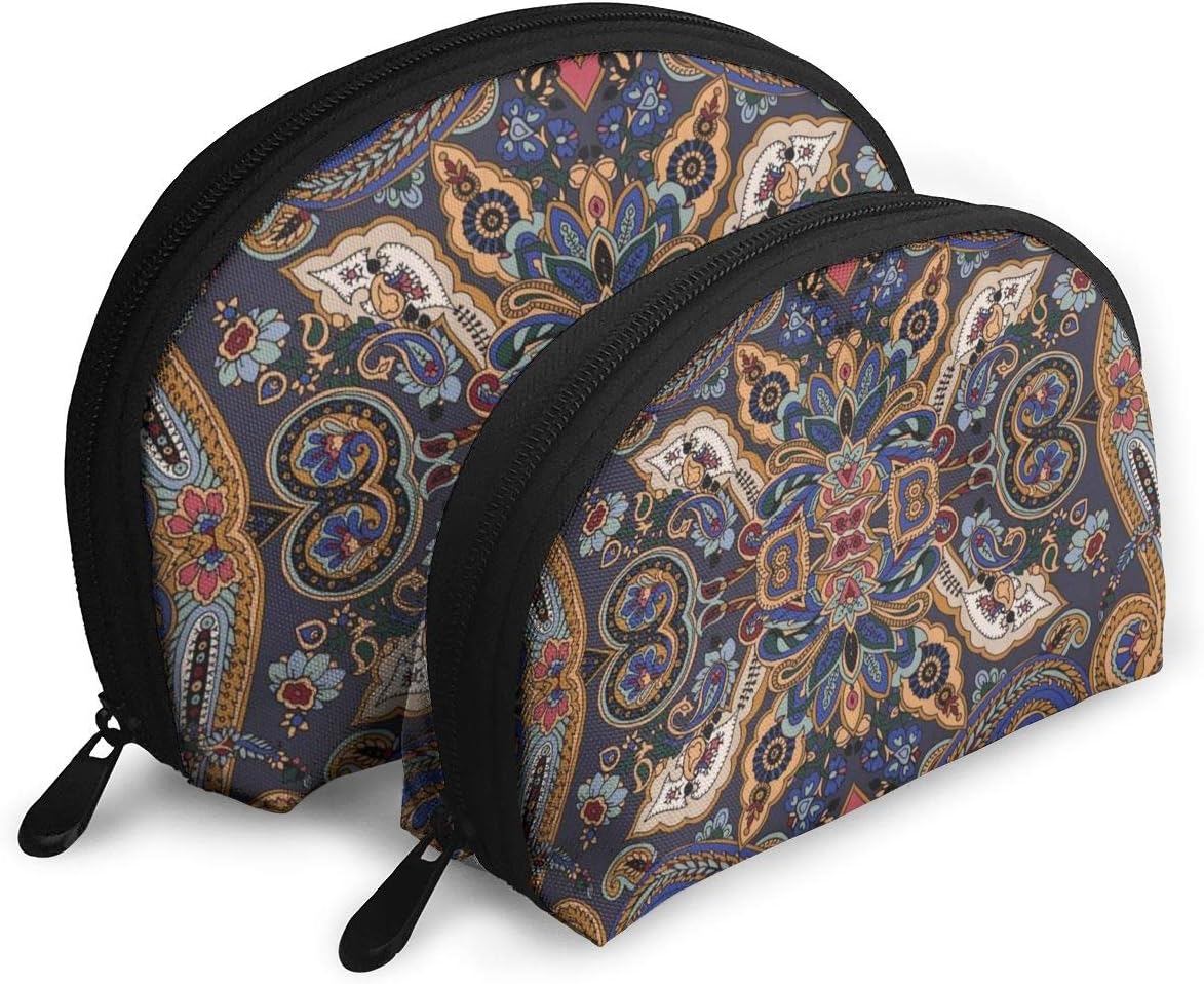 Moroccan Florets Slavic Effects Makeup Bag Set For Travel & Daily Storage - Shell Shape Handy Cosmetic Pouch